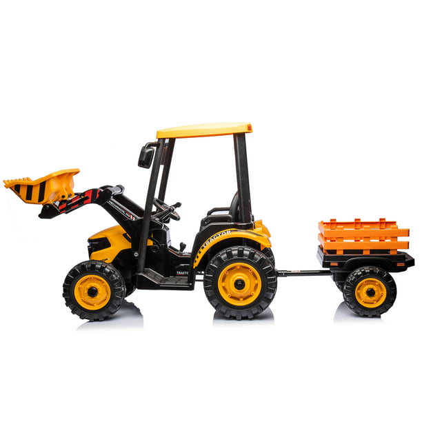 24V Kids Ride on Excavator Tractor with Trailer and Front Loader, 400W Strong Motors, Battery Powered Electric Digger Toy w/ 3-Gear-Shift, Spring Suspension, LED Lights, MP3 Music Yellow