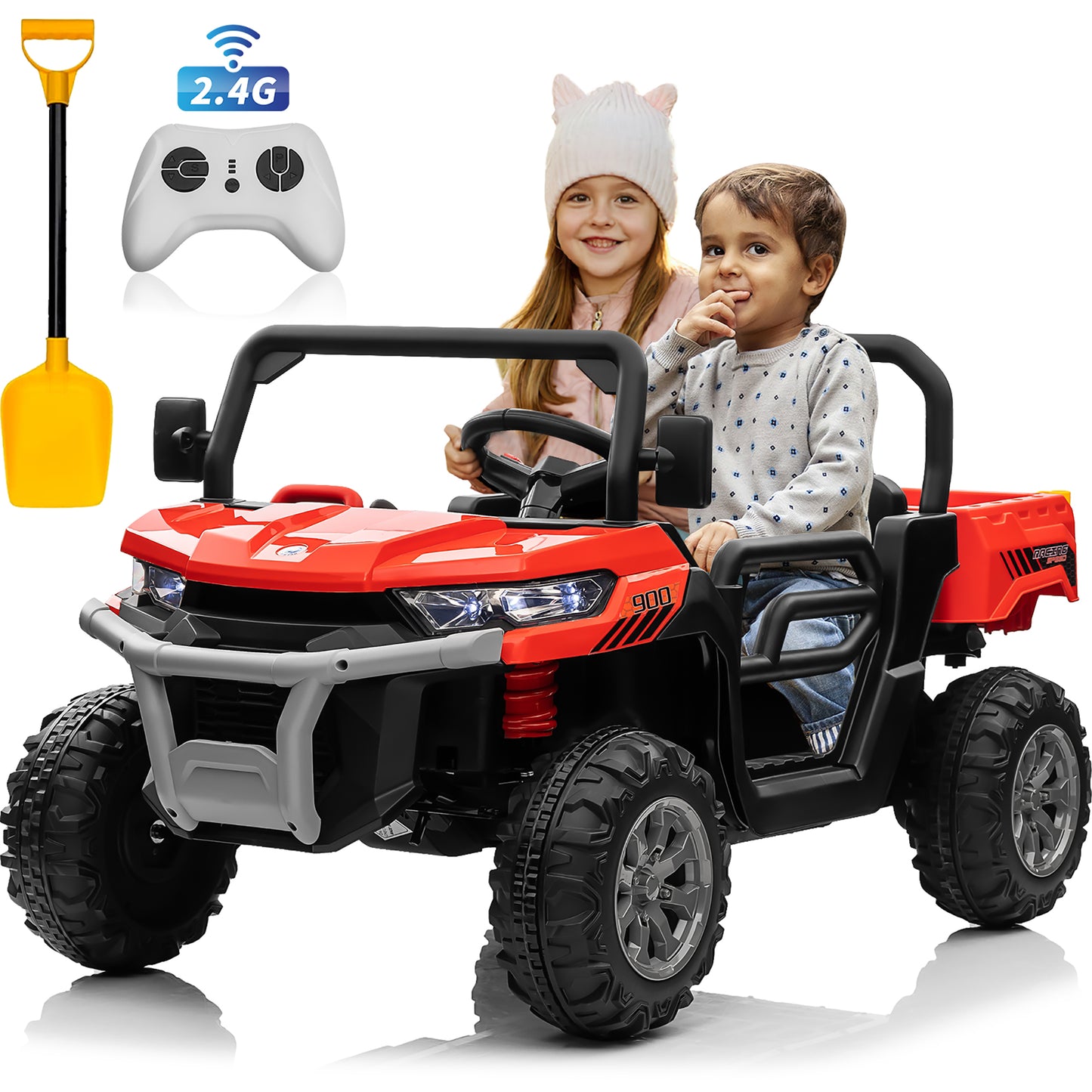 24V Kids Ride on Tractor with Remote Control, 2 Seater Ride on Truck for Kids Gift, 2x200W Motor, Electric Battery Powered Ride on Toy with Trailer & Shovel, Horn, MP3, Bluetooth Music, Red-623