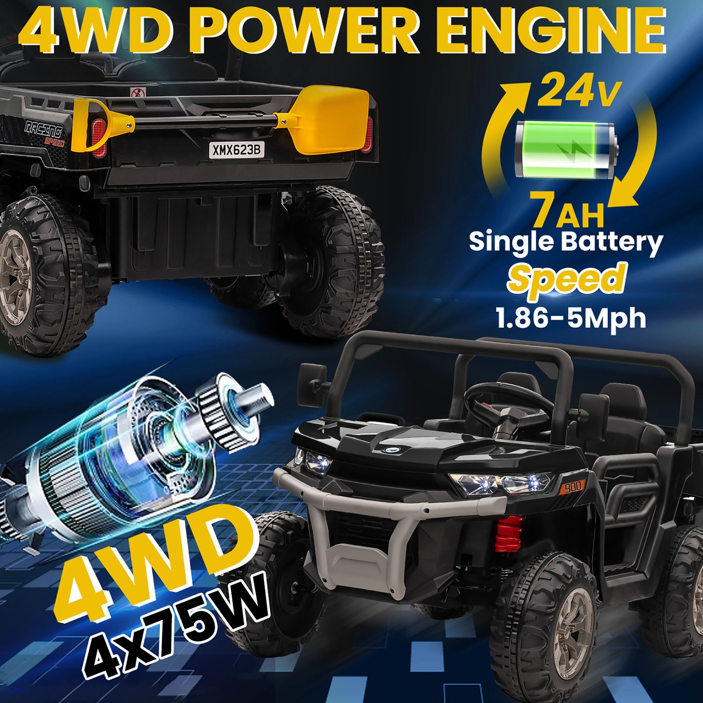 24V 2 Seater Kids Ride on Truck Car, 4WD Electric Powered Ride on Tractor with Trailer Remote Control