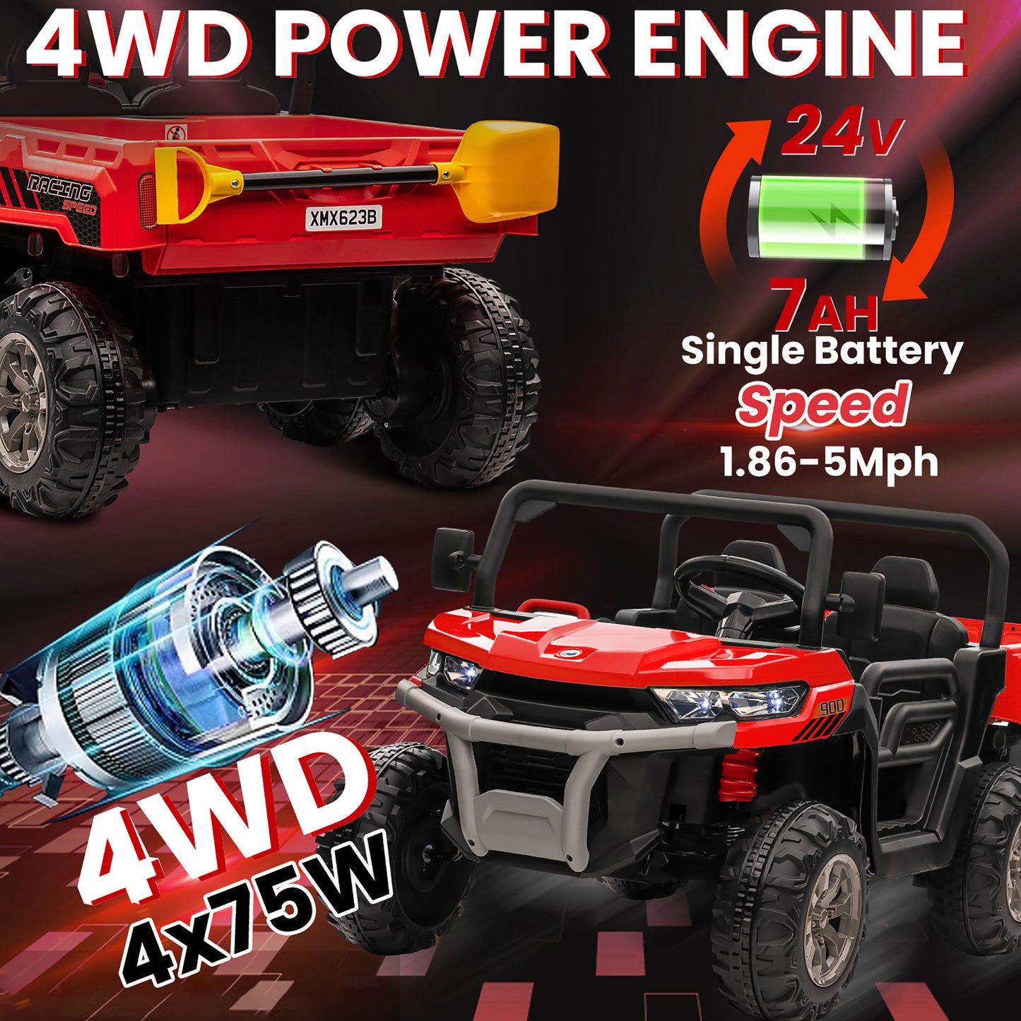 24V 2 Seater Kids Ride on Truck Car, 4WD Electric Powered Ride on Tractor with Trailer Remote Control