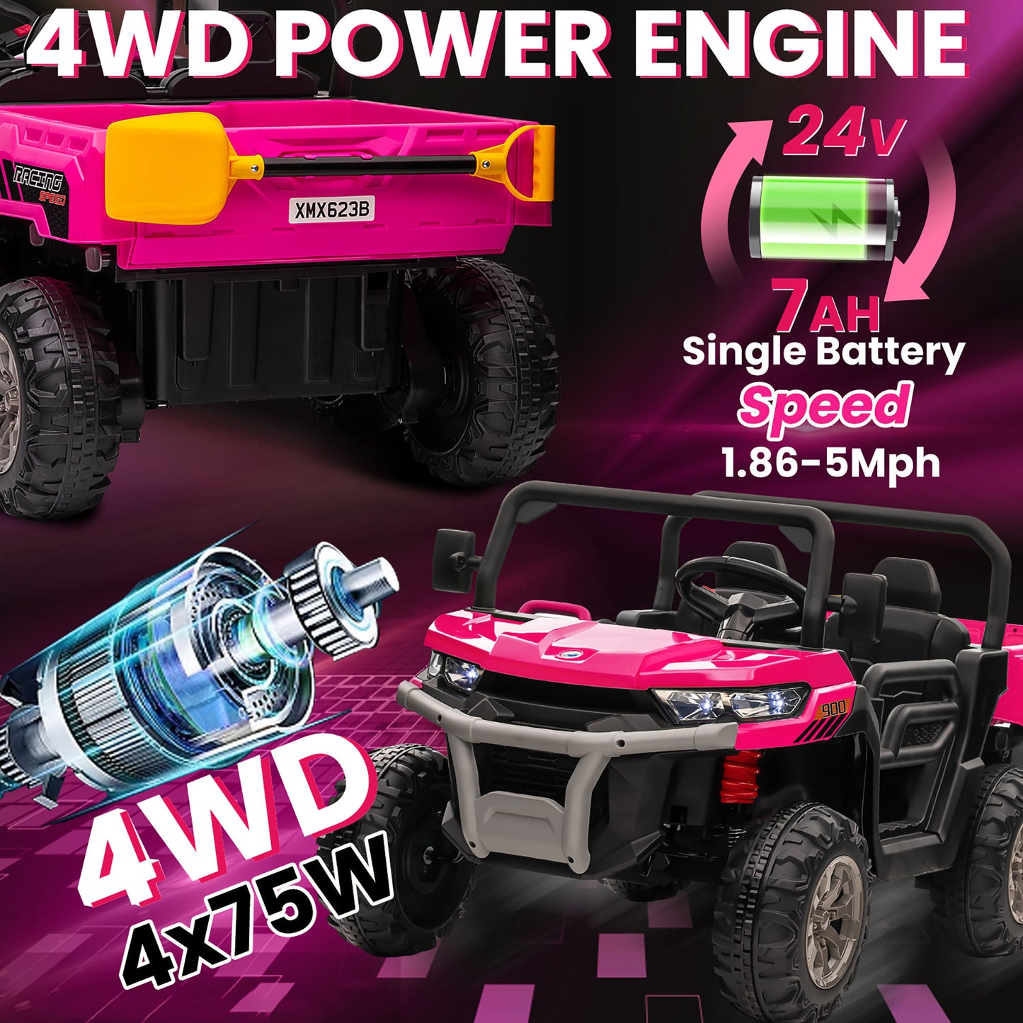 24V 2 Seater Kids Ride on Truck Car, 4WD Electric Powered Ride on Tractor with Trailer Remote Control