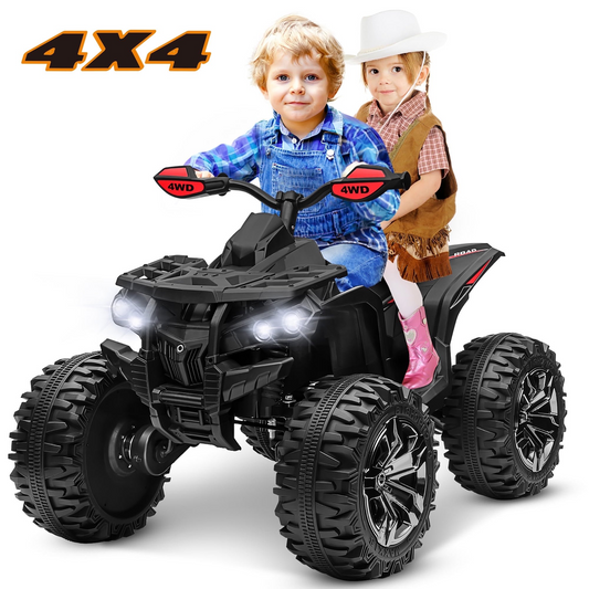 Joyracer 24V Electric ATV for Kids, 4WD Ride on Toys, Power Car Wheels with Kneepads, Bluetooth, Horn, Music, LED Light, Black