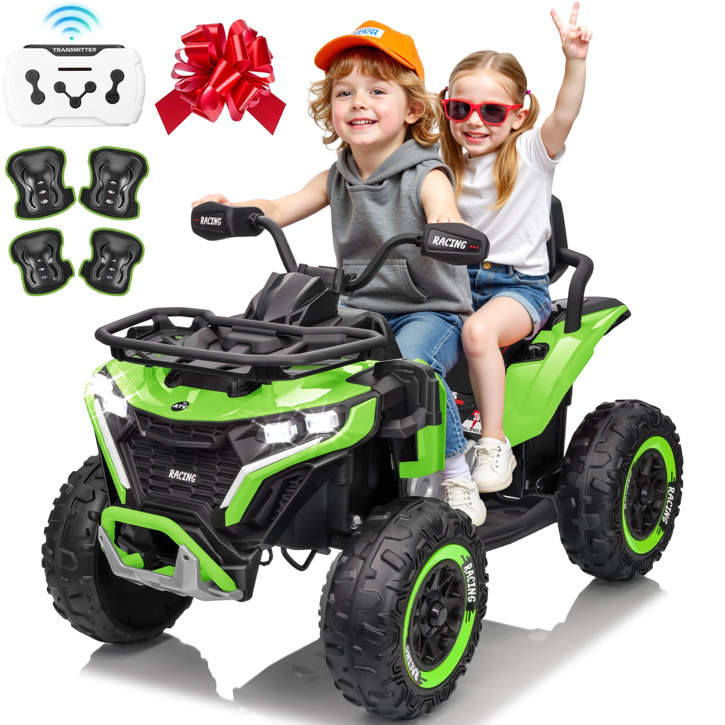 Joyracer 24 Volt Ride on ATV for Kids, 4WD 4 Wheeler Electric Car with Remote Control, 2 Seats Ride on Toys for Toddlers, w/Headlights, Bluetooth, Music, USB, EVA Rubber Tires, Big Body
