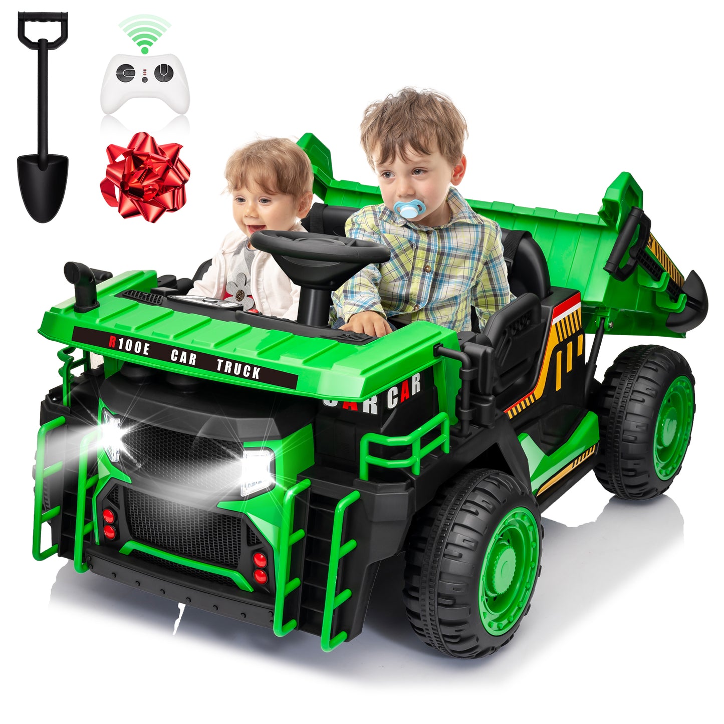 Joyracer 2 Seater 24V Ride on Dump Truck w/ Remote Control, 2x200W Ride on Truck Car, Electric Battery Powered Ride on Toys w/ Dump Bed, 3 Speeds, Shovel, Bluetooth/Music, Big Kids, Yellow,blue,green, orange-305