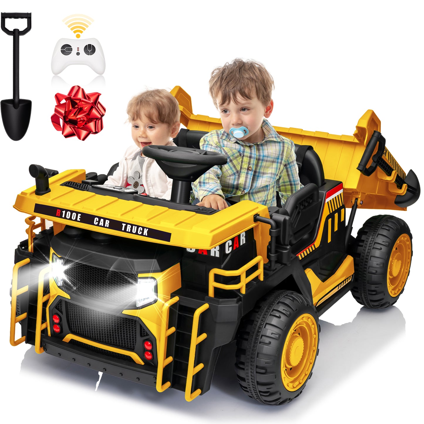 Joyracer 2 Seater 24V Ride on Dump Truck w/ Remote Control, 2x200W Ride on Truck Car, Electric Battery Powered Ride on Toys w/ Dump Bed, 3 Speeds, Shovel, Bluetooth/Music, Big Kids, Yellow,blue,green, orange-305