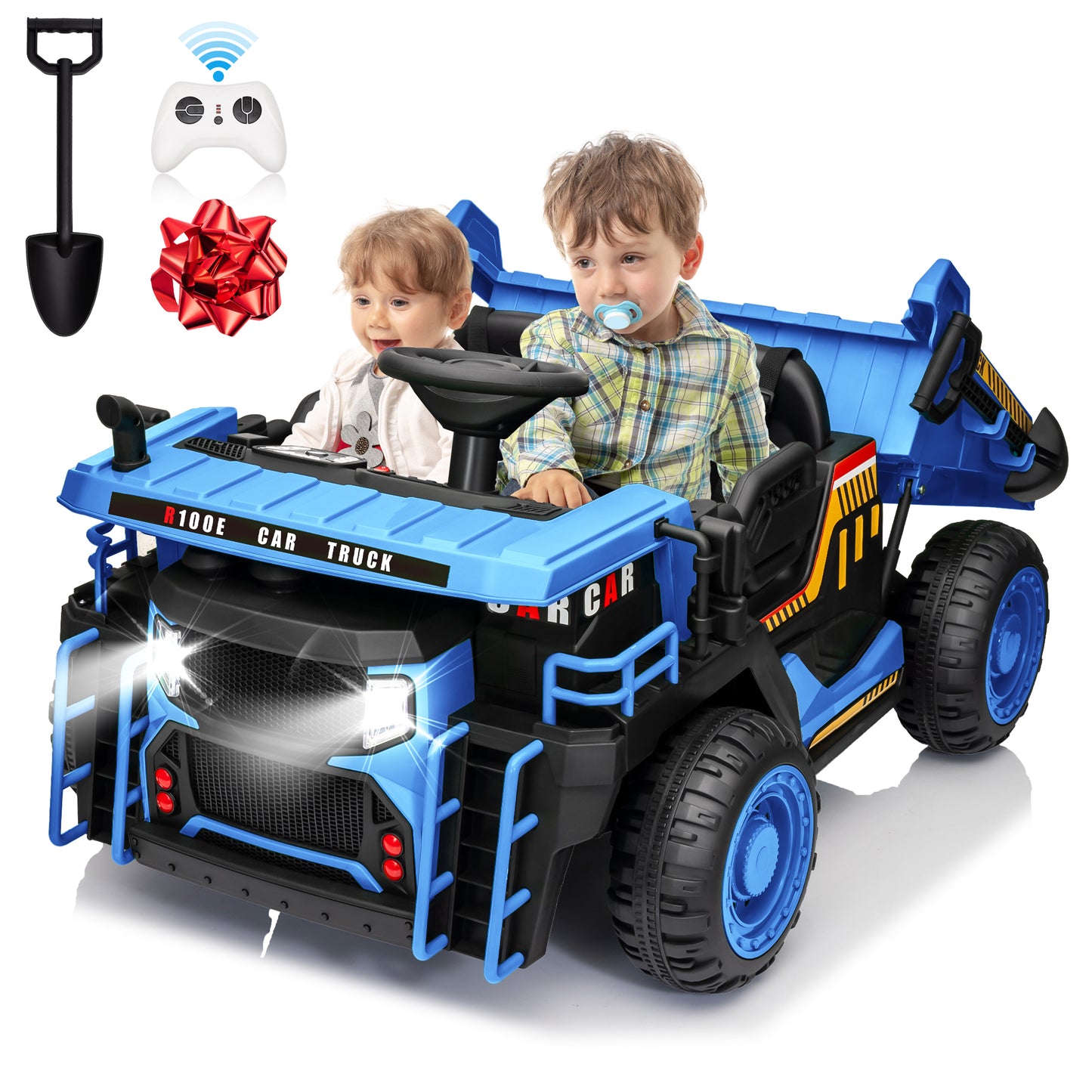 Joyracer 2 Seater 24V Ride on Dump Truck w/ Remote Control, 2x200W Ride on Truck Car, Electric Battery Powered Ride on Toys w/ Dump Bed, 3 Speeds, Shovel, Bluetooth/Music, Big Kids, Yellow,blue,green, orange-305