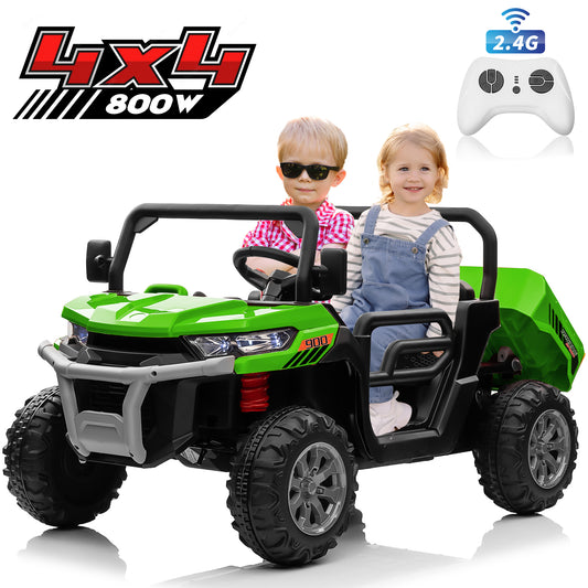 24V Kids Ride on Tractor with Remote Control, 2 Seater Ride on Truck for Kids Gift, 2x200W Motor, Electric Battery Powered Ride on Toy with Trailer & Shovel, Horn, MP3, Bluetooth Music, Green-623