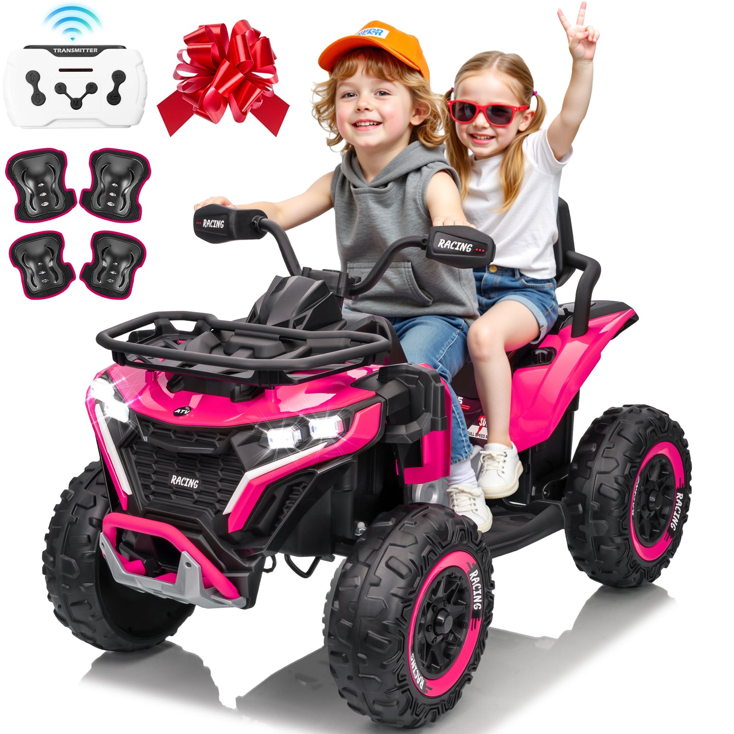 Joyracer 24 Volt Ride on ATV for Kids, 4WD 4 Wheeler Electric Car with Remote Control, 2 Seats Ride on Toys for Toddlers, w/Headlights, Bluetooth, Music, USB, EVA Rubber Tires, Big Body