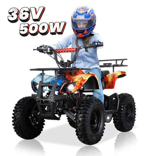 Joyracer 500W Dirt Quad - 36V Powered Ride-on, Electric 4-Wheeler for Kids Teenager, Mini ATV w/ Brush-less Motor, Hydraulic-Spring Absorbers, Disc Brakes, 3 Speeds, up to 16 mph, Blue