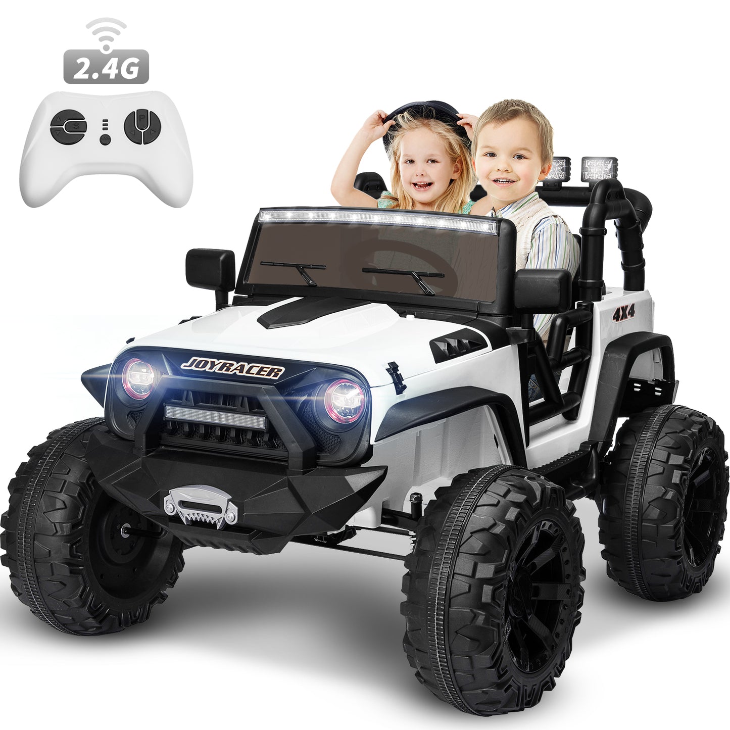 24V Kids Ride On Truck with 2 Seater Remote Control, 4WD Ride On Toy w/ 4*200W Motor 9AH Battery Powered Electric Car, 3 Speeds, Spring Suspension, LED Lights, Bluetooth Music, White