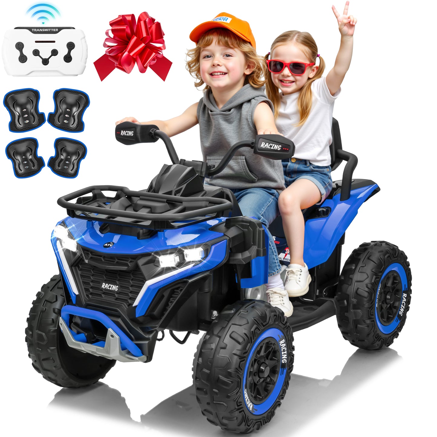Joyracer 24 Volt Ride on ATV for Kids, 4WD 4 Wheeler Electric Car with Remote Control, 2 Seats Ride on Toys for Toddlers, w/Headlights, Bluetooth, Music, USB, EVA Rubber Tires, Big Body