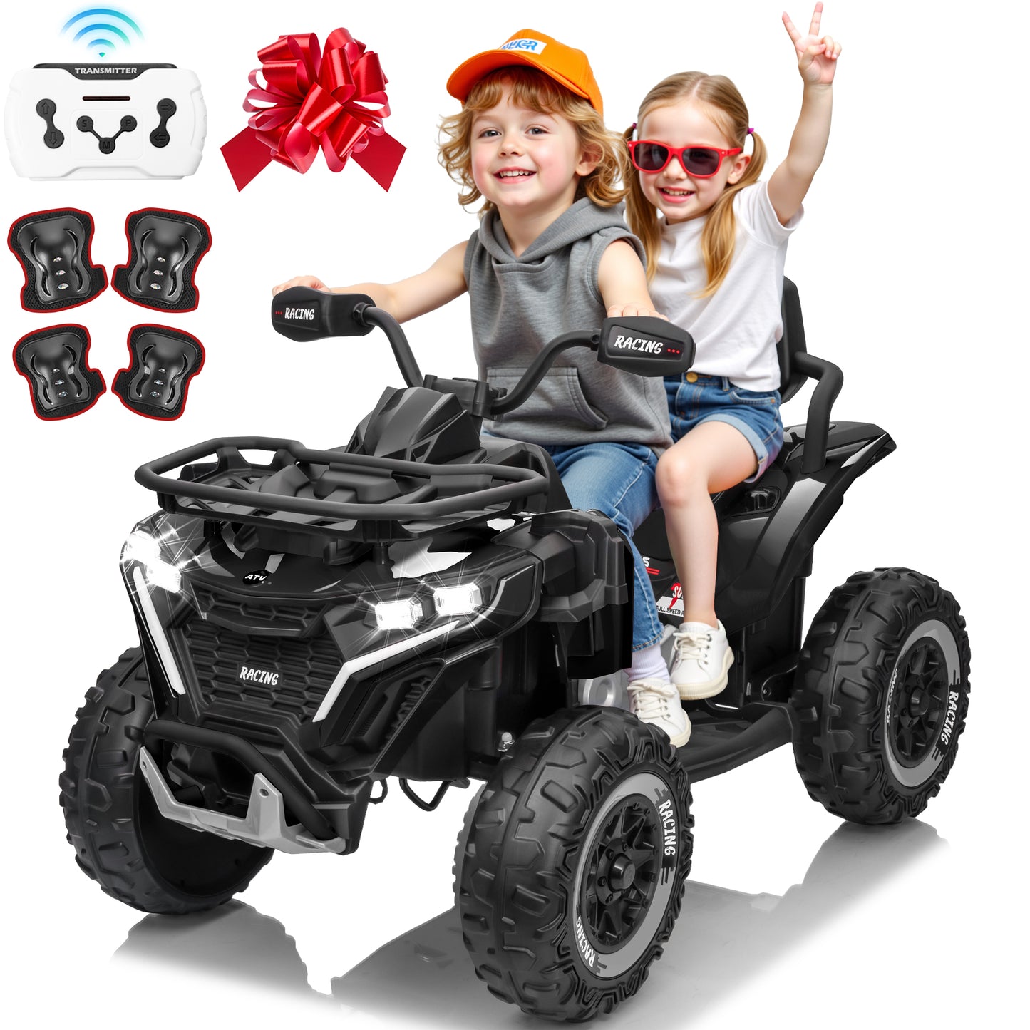 Joyracer 24 Volt Ride on ATV for Kids, 4WD 4 Wheeler Electric Car with Remote Control, 2 Seats Ride on Toys for Toddlers, w/Headlights, Bluetooth, Music, USB, EVA Rubber Tires, Big Body