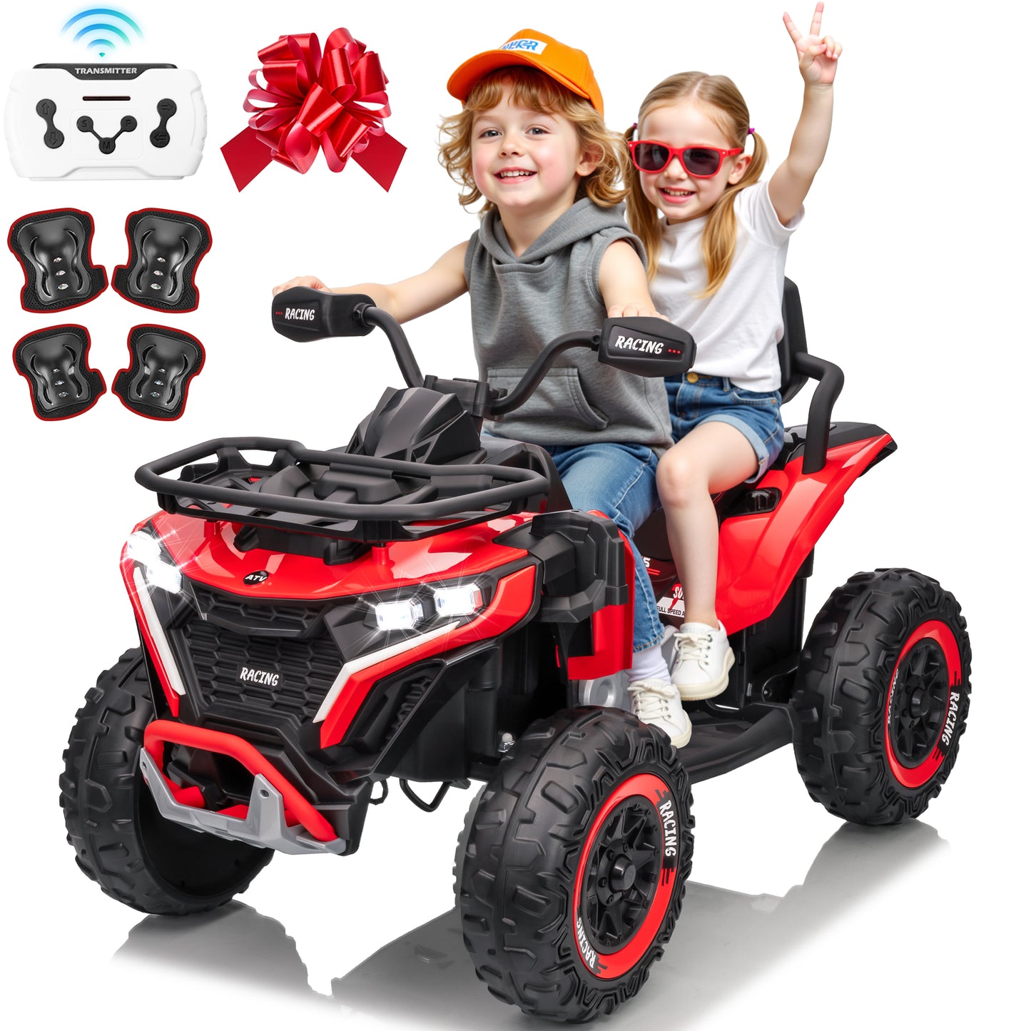 Joyracer 24 Volt Ride on ATV for Kids, 4WD 4 Wheeler Electric Car with Remote Control, 2 Seats Ride on Toys for Toddlers, w/Headlights, Bluetooth, Music, USB, EVA Rubber Tires, Big Body