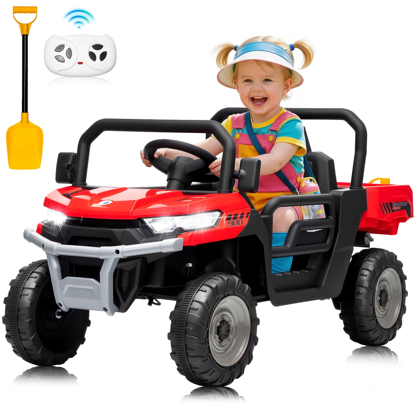 24 Volt Dump Truck Battery Toy Car, Power Car Wheels with Dump Bed, Remote Control, Music, Shovel, Bluetooth, Pink