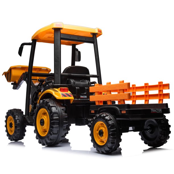 24V Kids Ride on Excavator Tractor with Trailer and Front Loader, 400W Strong Motors, Battery Powered Electric Digger Toy w/ 3-Gear-Shift, Spring Suspension, LED Lights, MP3 Music Yellow
