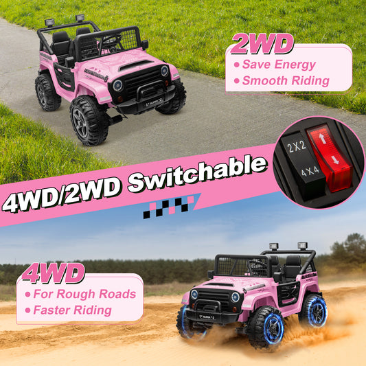 Joyracer 4x4 24V Kids Ride on Truck Car w/ Remote Control, 2 Seater Ride on Toys w/ 3 Speeds, 4*200W Motor Battery Powered Electric Car for Kids, Spring Suspension, Bluetooth, Music, Pink-N