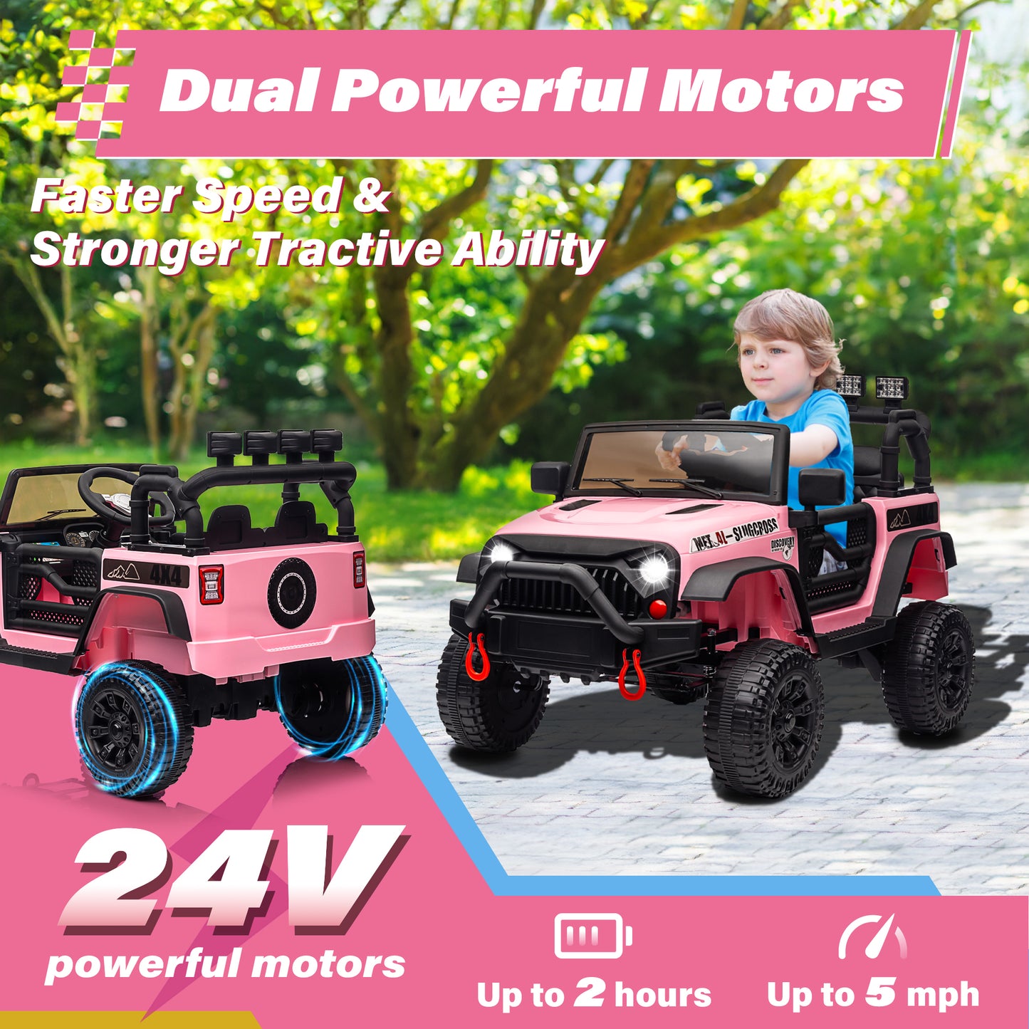 Joyracer 24V Kids Ride on Truck Car with Remote Control, 2* 200W Powered Toy Car up to 5 mph, Powered 4-Wheeler Toy w/ Spring Suspension, 3 Speeds, LED Lights, Bluetooth Music, Pink