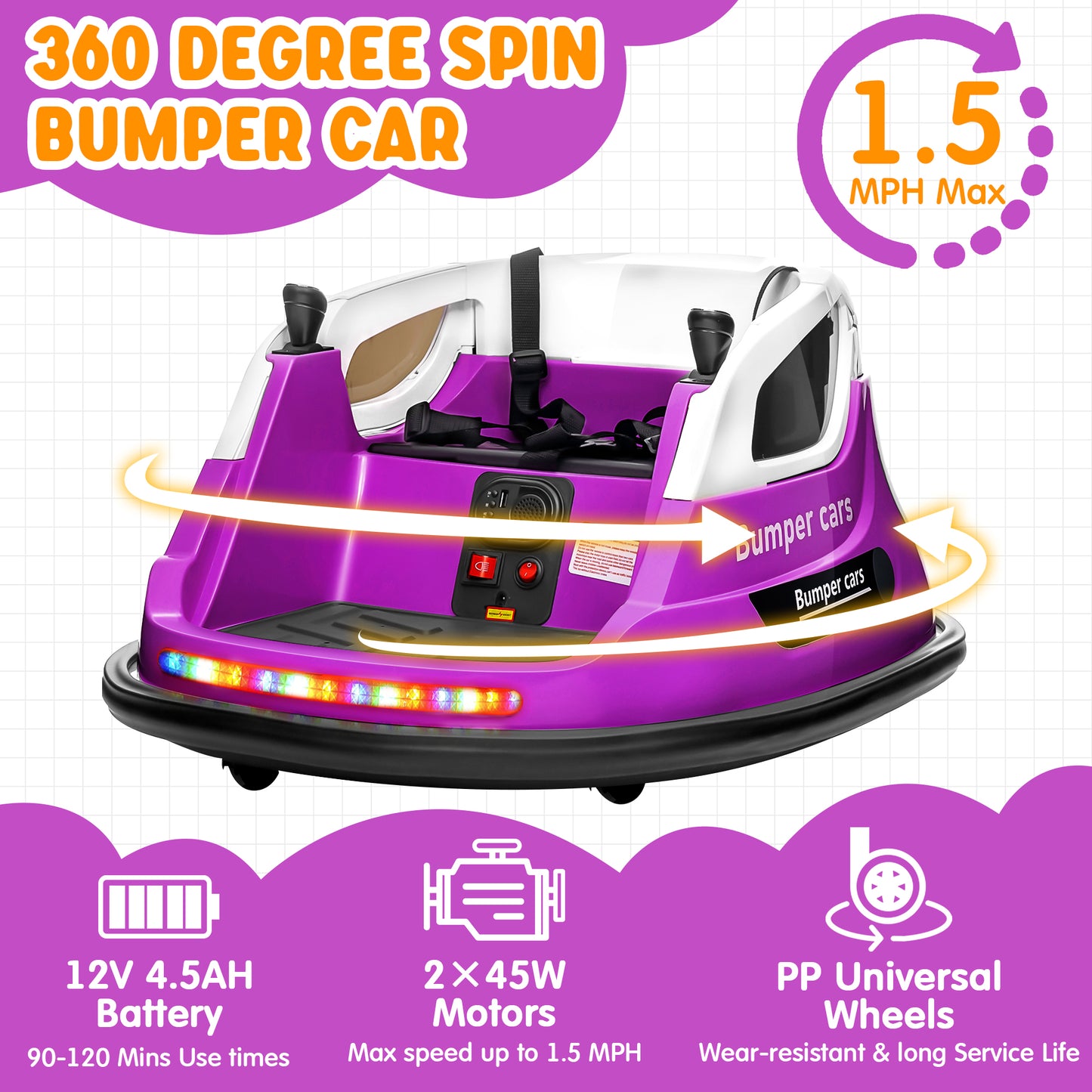Joyracer 12V Kids Bumper Car for Toddler w/ Remote Control 3 Speeds, Electric Baby Bumper Car Ride on Toys with 7 Color Flashing Lights, 360 Spin, Volume Adjustable, USB/MP3 Music, 1.2 MPH Max, Purple