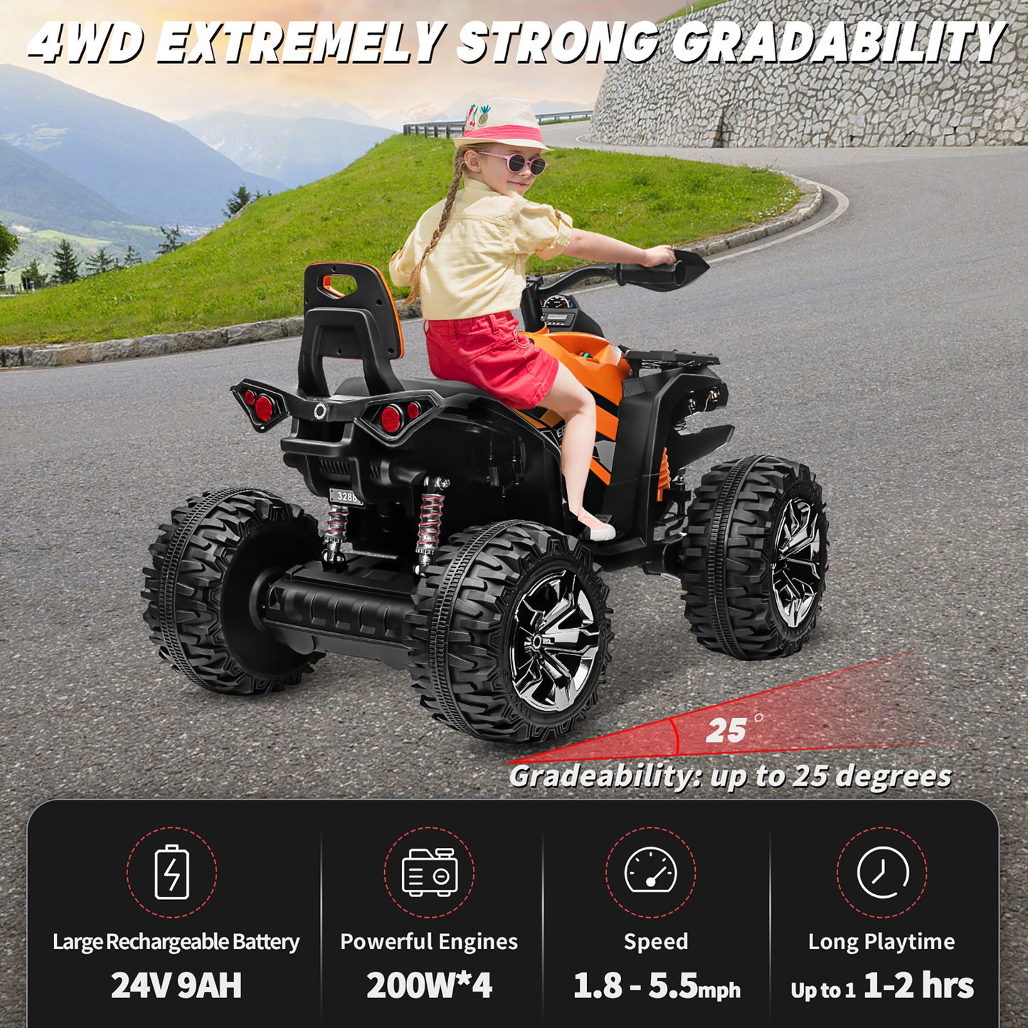 24V Kids Ride on ATV with 2 Seater, 4WD 4-Wheeler Quad Electric Car Toy w/ 4x200W Powerful Motor, High/Low Speed, Bluetooth, Radio, Music, LED Light for Boys & Girls Gift, Orange