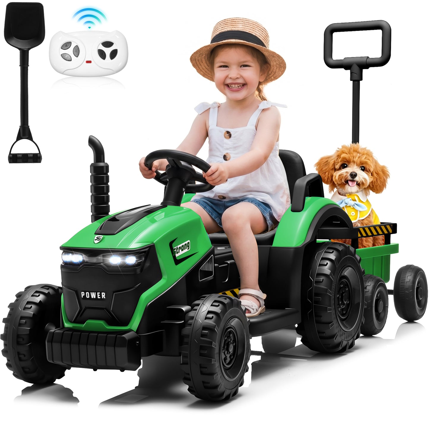 Joyracer 12V Ride on Toys, 2-in-1 Ride on Tractor with Detachable Trailer & Remote Control, Power Car Wheels w/ Shovel, Bluetooth, Music, LED Lights-319