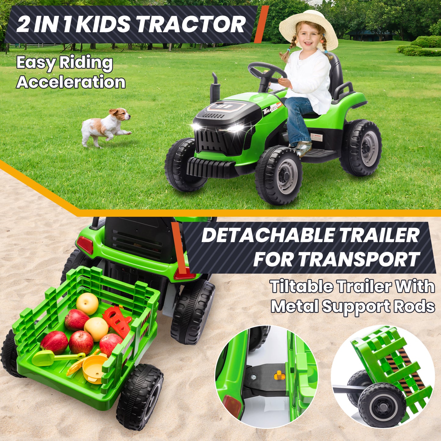Joyracer 24 Volts Ride on Toys Vehicle w/Remote Control, 2 Seater Powered Ride on Tractor Truck, Electric Car for Kids 2-6 Gifts, 4-Wheelers Tipable Transport Dumper/Bluetooth/Music, Green-030
