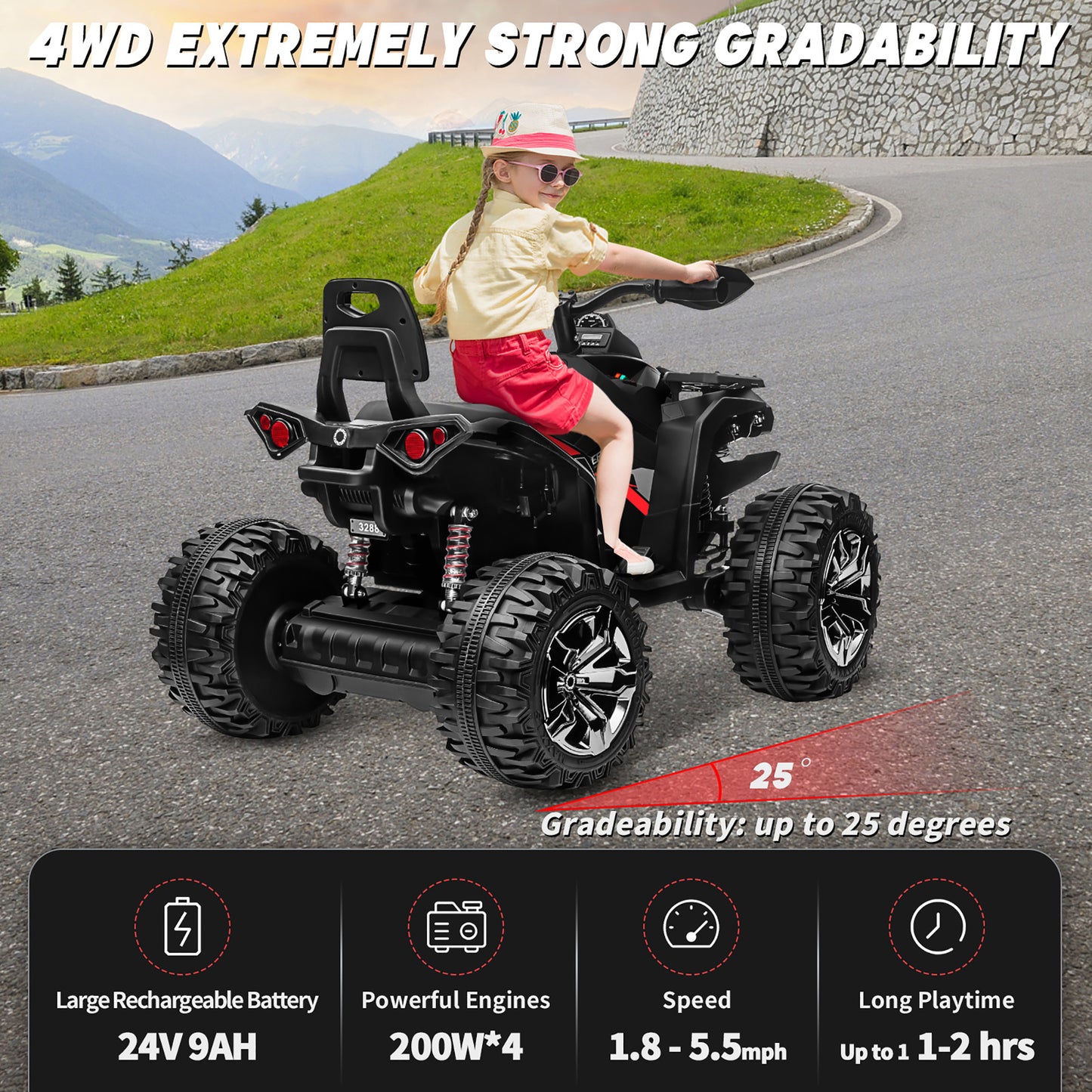 24V Kids Ride on ATV with 2 Seater, 4WD 4-Wheeler Quad Electric Car Toy w/ 4x200W Powerful Motor, High/Low Speed, Bluetooth, Radio, Music, LED Light for Boys & Girls Gift, Black