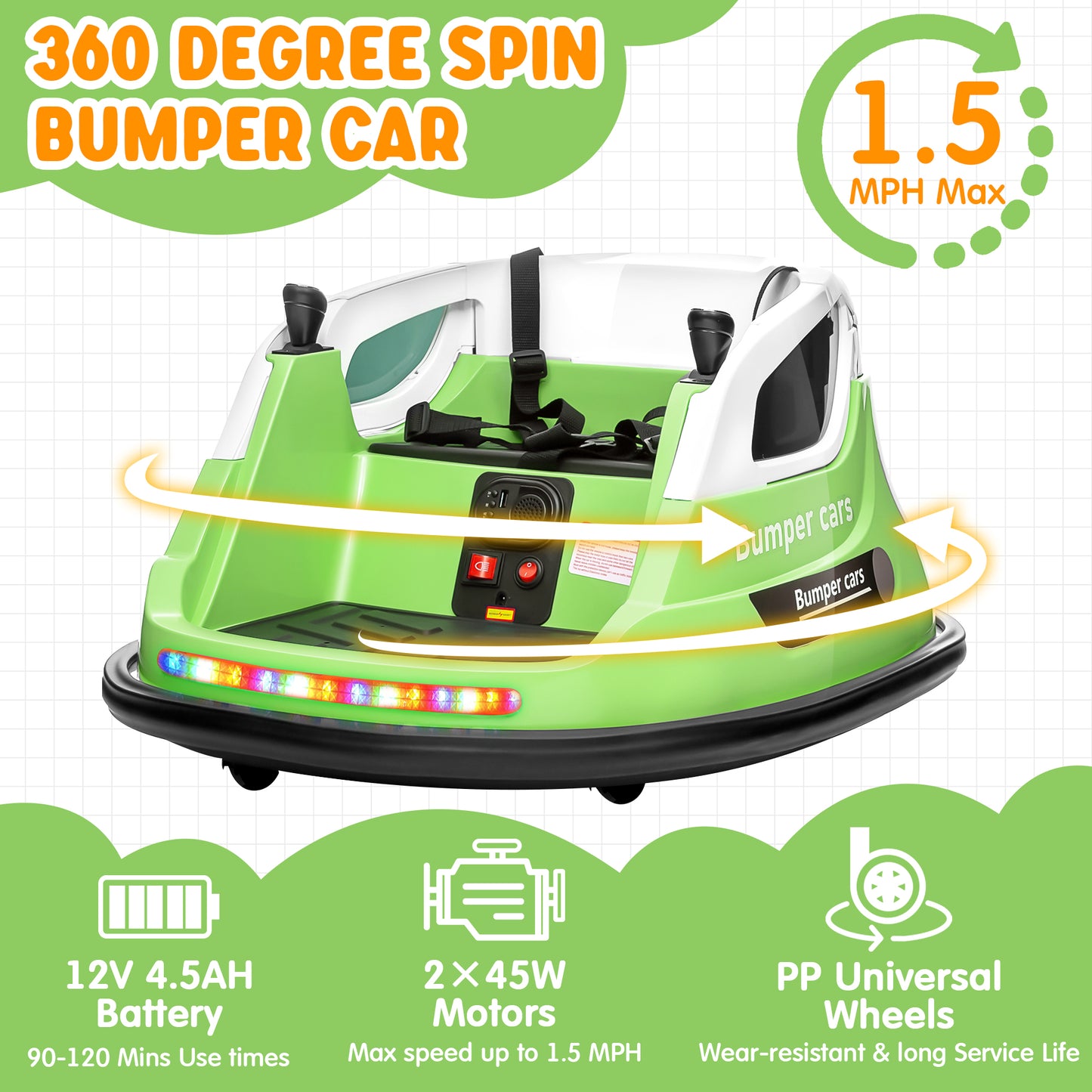 Joyracer 12V Kids Bumper Car for Toddler w/ Remote Control 3 Speeds, Electric Baby Bumper Car Ride on Toys with 7 Color Flashing Lights, 360 Spin, Volume Adjustable, USB/MP3 Music, 1.2 MPH Max, Green