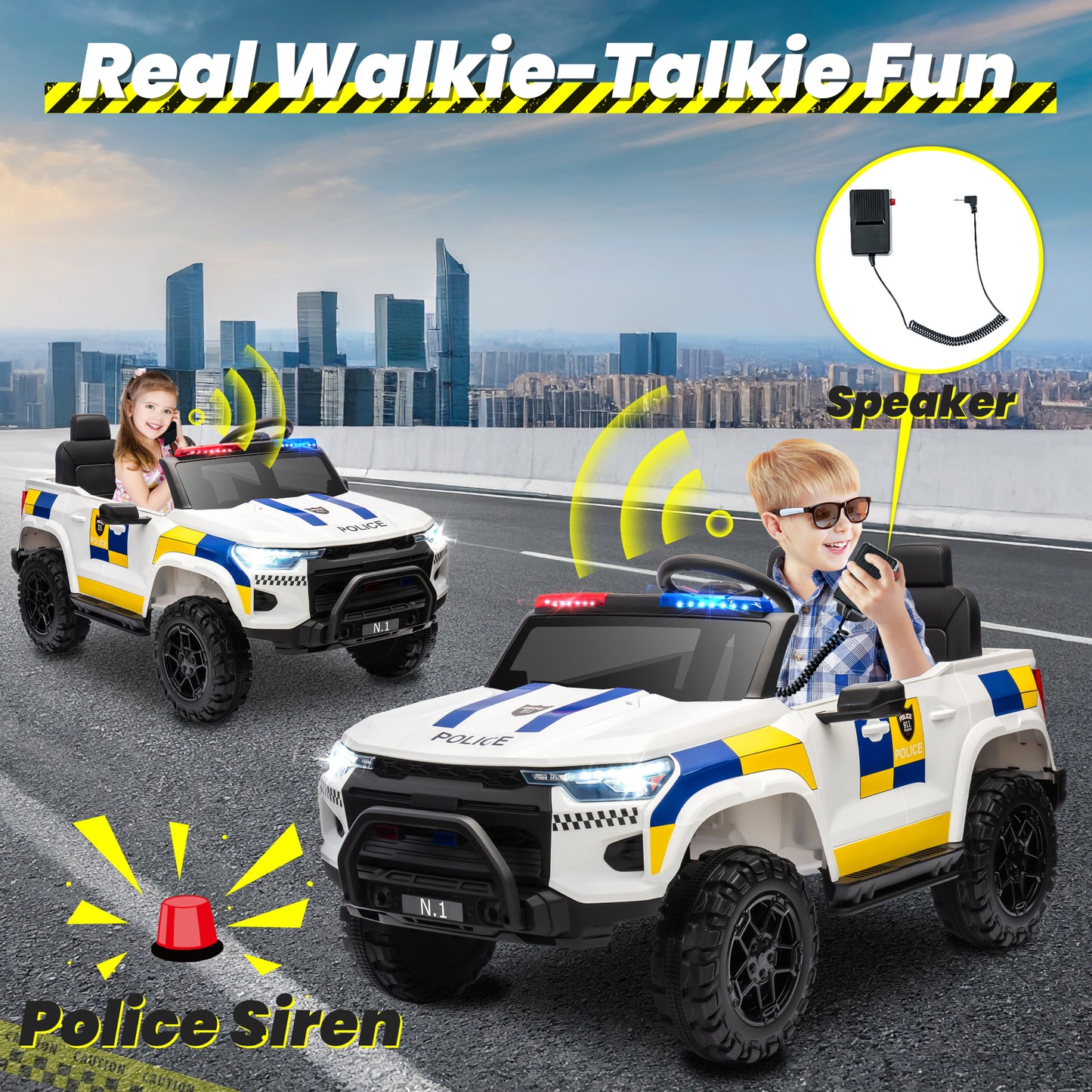 Joyracer 24V Electric Police Car w/ Walkie Talkie, 2 Seater Battery Powered Ride-on Toys w/ Remote, Cop Cars Ride on Truck Car, Siren Sound/Warning Lights, Music, Seat Belts, Kids Toys Gift, White