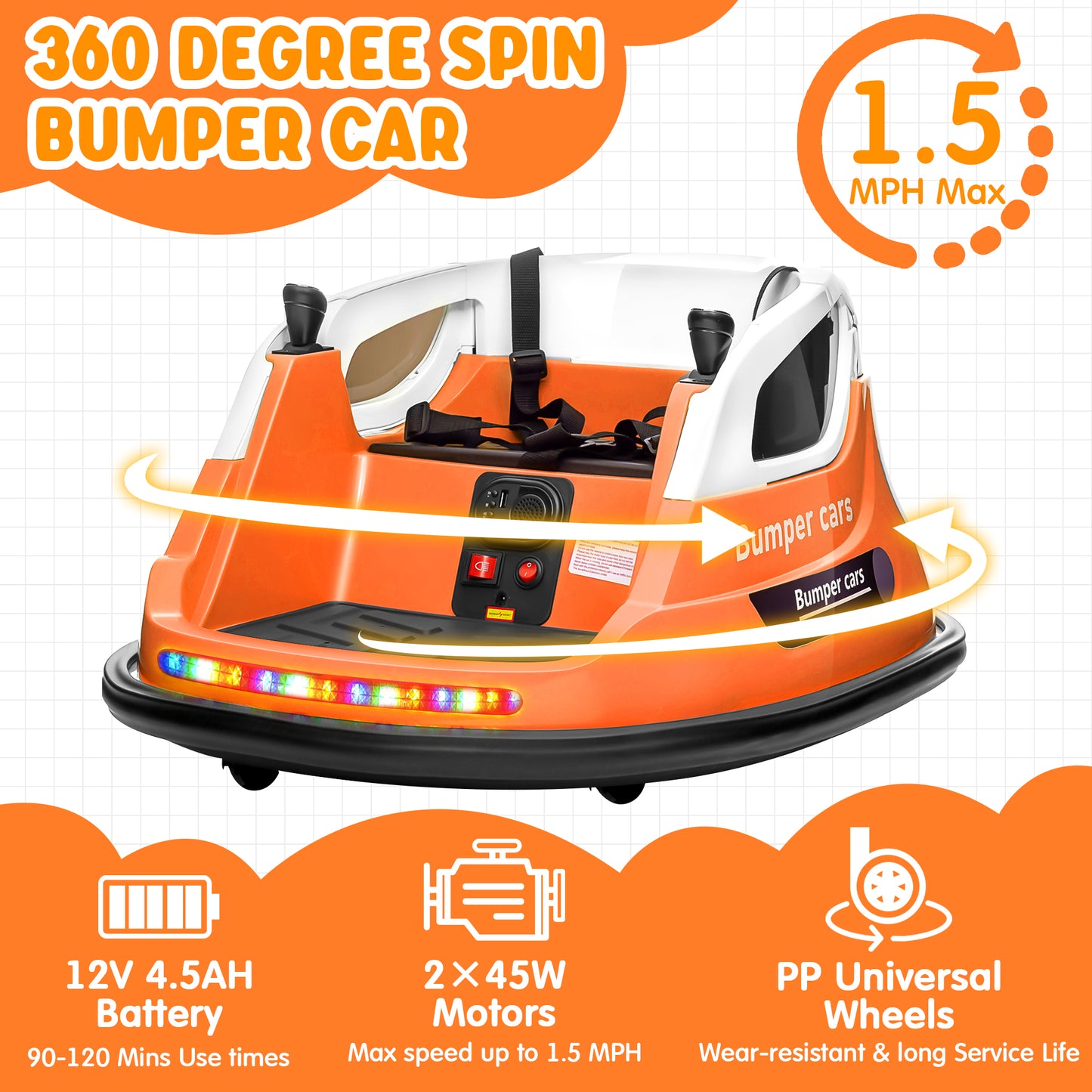 Joyracer 12V Kids Bumper Car for Toddler w/ Remote Control 3 Speeds, Electric Baby Bumper Car Ride on Toys with 7 Color Flashing Lights, 360 Spin, Volume Adjustable, USB/MP3 Music, 1.2 MPH Max, Orange