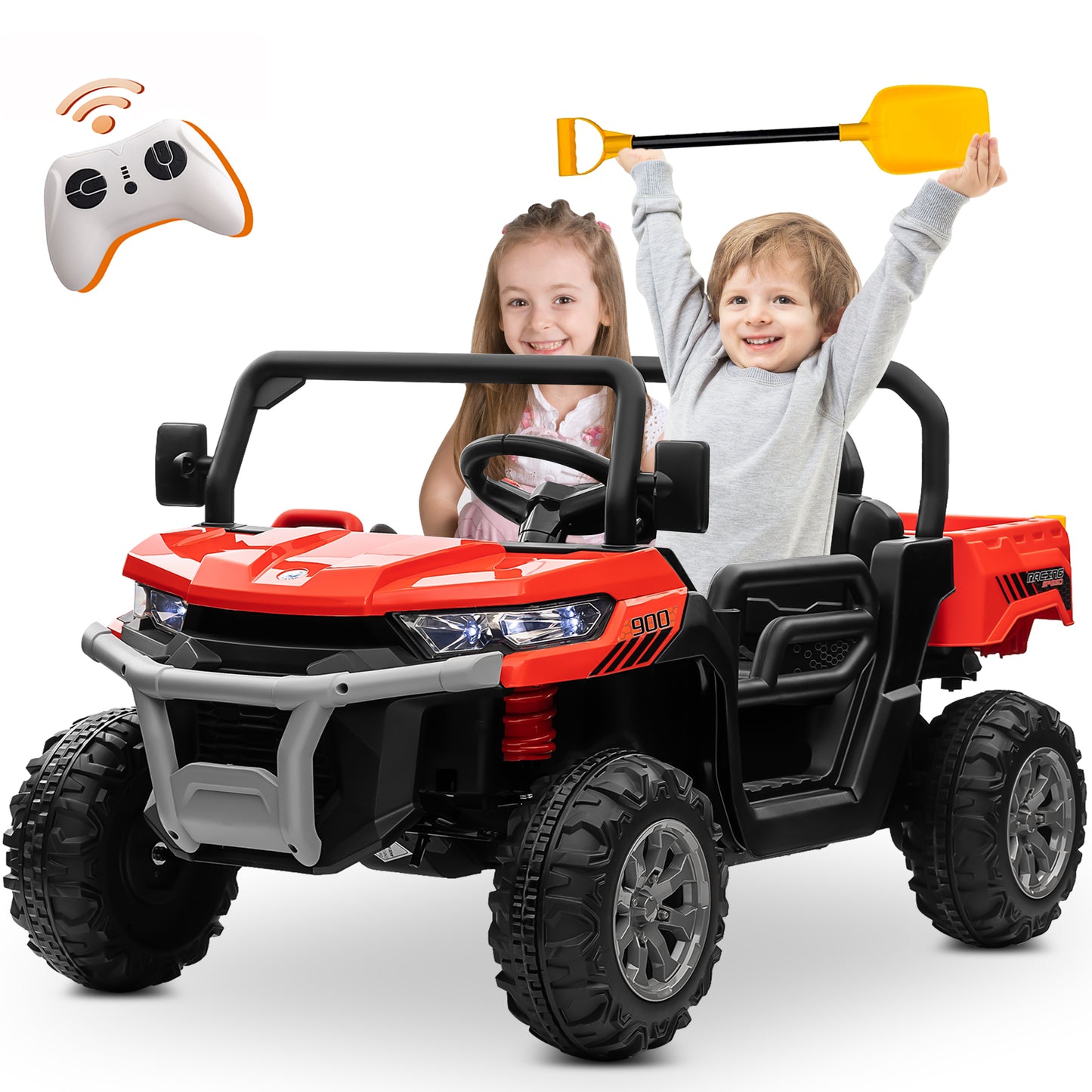 Joyracer 24 Volt Ride on Toys with Remote Control, 4WD 2-Seater Battery Powered Tractor Wheeler Electric Car for Toddlers, Motorized Vehicle w/ Tippable Trailer, Music - 0819