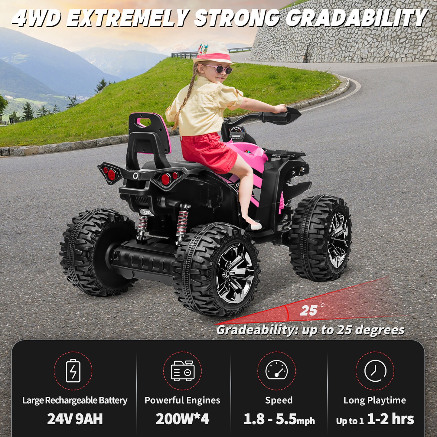 24V Kids Ride on ATV with 2 Seater, 4WD 4-Wheeler Quad Electric Car Toy w/ 4x200W Powerful Motor, High/Low Speed, Bluetooth, Radio, Music, LED Light for Boys & Girls Gift, Pink