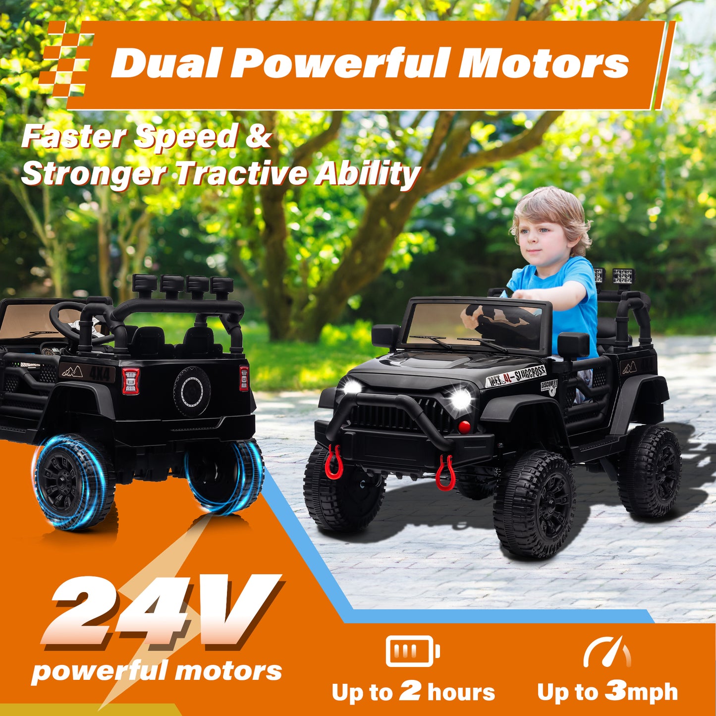 Joyracer 24V Kids Ride on Truck Car with Remote Control, 2* 200W Powered Toy Car up to 5 mph, Powered 4-Wheeler Toy w/ Spring Suspension, 3 Speeds, LED Lights, Bluetooth Music, Black