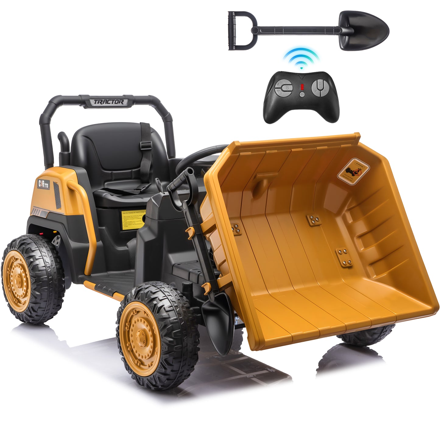 Ride on Dump Truck 24V, Joyracer Metal Frame Ride on Toys with Remote Control, Bluetooth, Music, Dump Bed, Shovel, Power Truck Wheels for Kids, Yellow