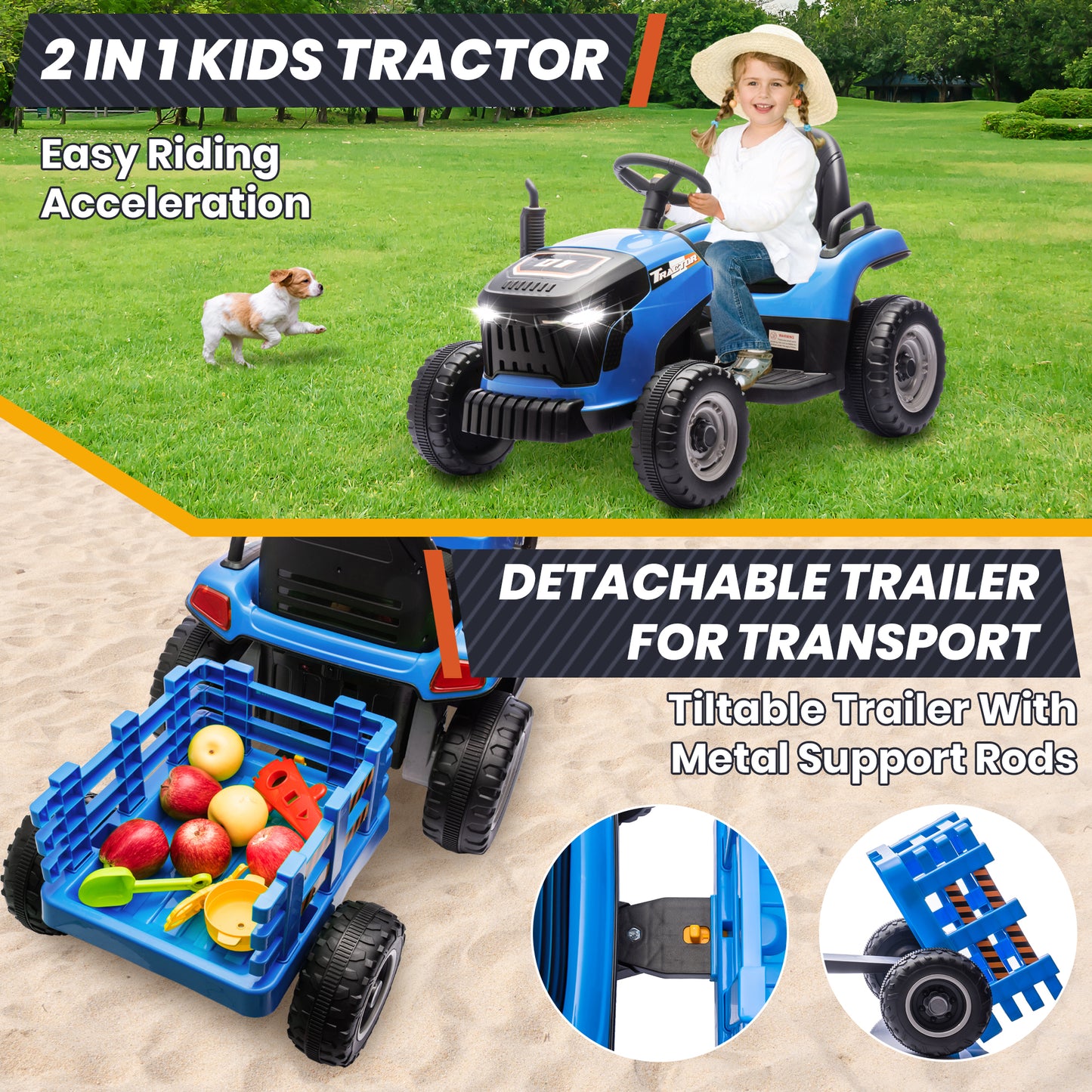 Joyracer 24 Volts Ride on Toys Vehicle w/Remote Control, 2 Seater Powered Ride on Tractor Truck, Electric Car for Kids 2-6 Gifts, 4-Wheelers Tipable Transport Dumper/Bluetooth/Music, Blue-030