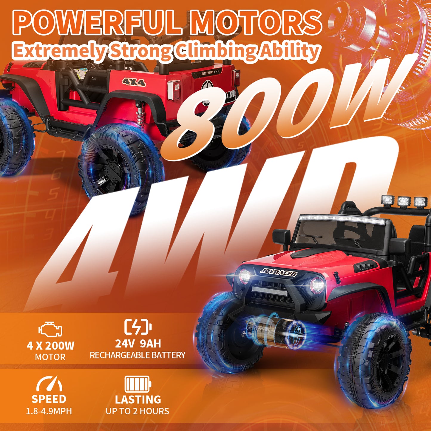 24V Kids Ride on Truck with 2 Seater Remote Control, 4WD Ride on Toy w/ 4*200W Motors 9AH Battery Powered Electric Car, 3 Speeds, Spring Suspension, LED Lights, Bluetooth Music, Red