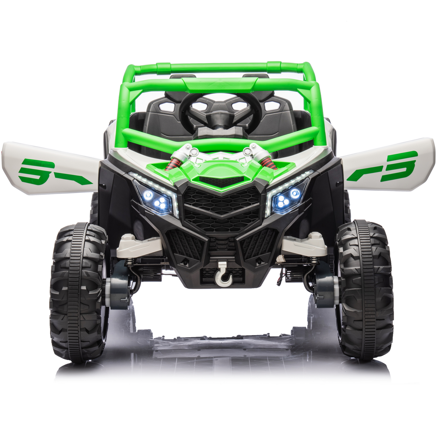 Joyracer 24V Ride on Car w/ Remote Control, 4WD Powered Electric Off-Road UTV with 4*200W Motors, Larger Seat 4 Wheeler with LED Light, Bluetooth, Music, Spring Suspension, 3 Speeds, Green