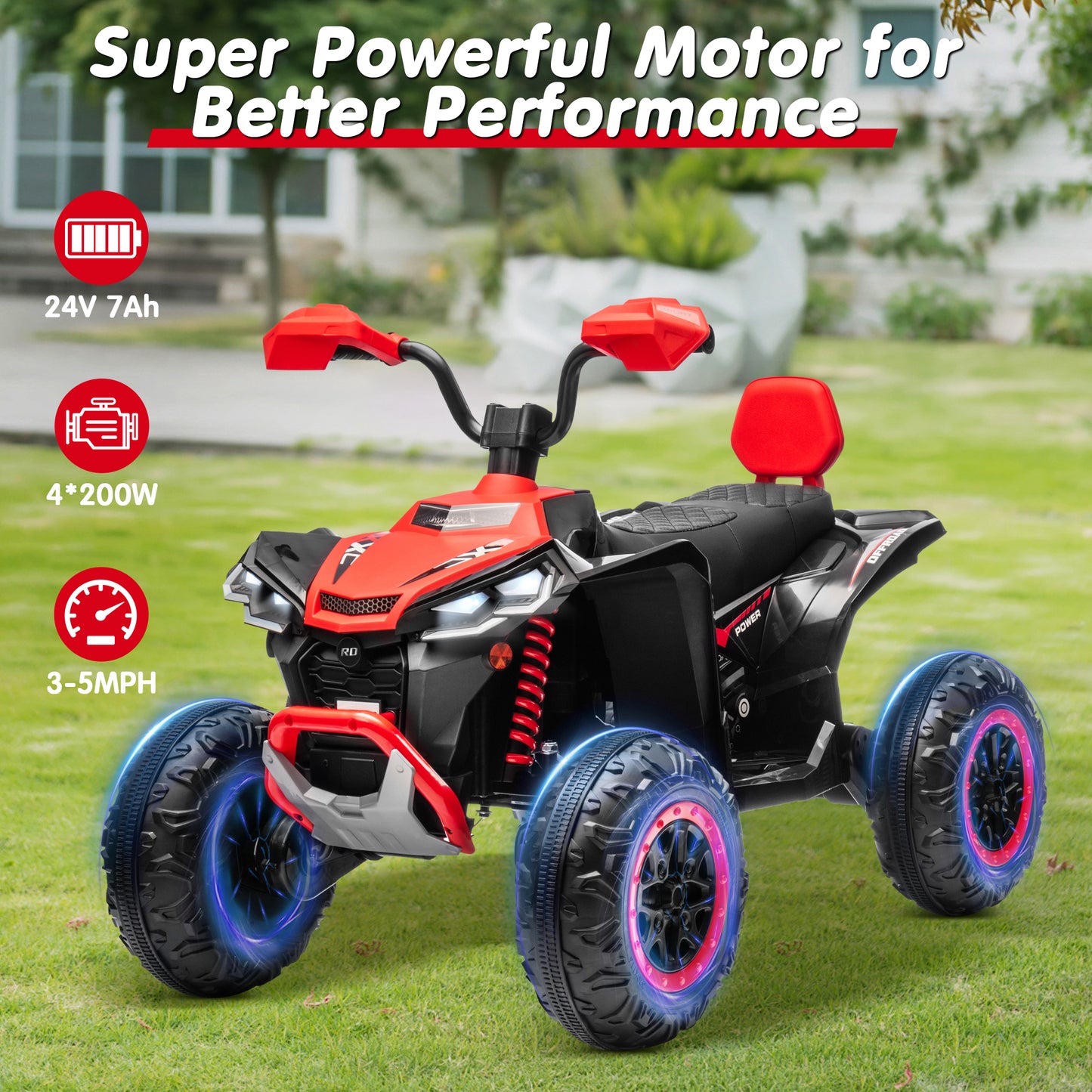 Joyracer 24V 4x4 Kids ATV Electric 4-Wheeler with Leather-Seater, 24 Volt Ride on Toys for Big Kids w/ Kneepads, 4x200W Motors, Bluetooth Music, Red
