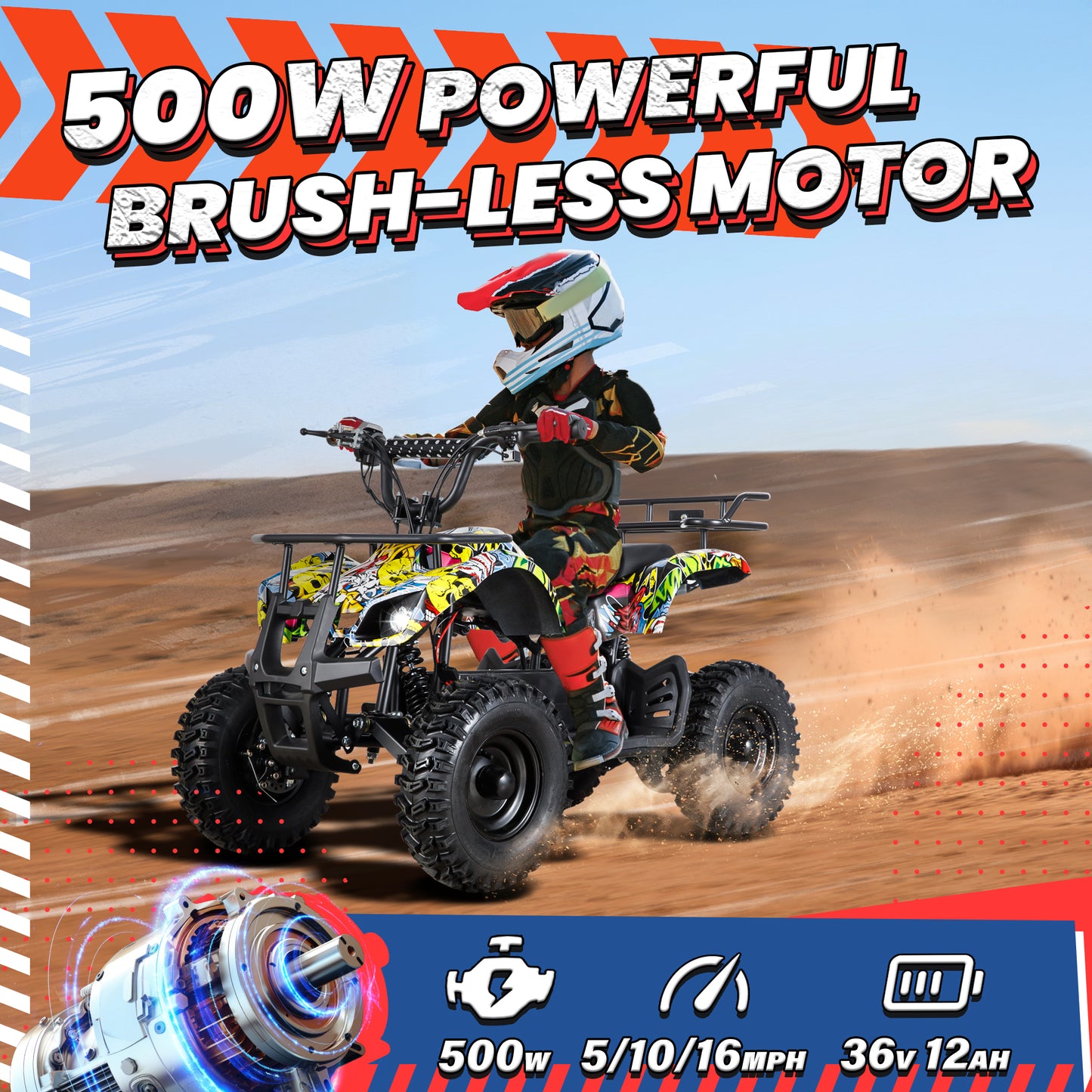 Joyracer 500W Dirt Quad,36V Powered Ride-on ATV, Electric 4-Wheeler for Kids Teenager, Graffiti-Art