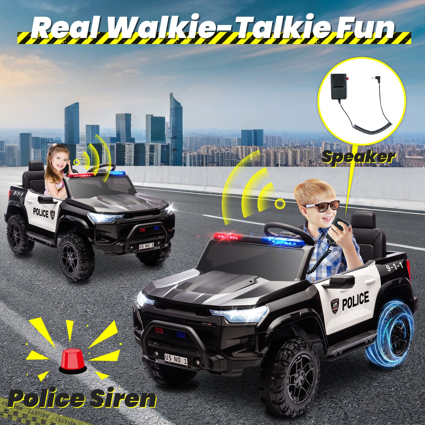 Joyracer 24V Electric Police Car w/ Walkie Talkie, 2 Seater Battery Powered Ride-on Toys w/ Remote, Cop Cars Ride on Truck Car, Siren Sound/Warning Lights, Music, Seat Belts, Kids Toys Gift, Black