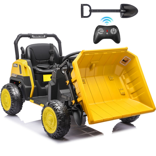 Ride on Dump Truck 24V, Joyracer Metal Frame Ride on Toys with Remote Control, Bluetooth, Music, Dump Bed, Shovel, Power Truck Wheels for Kids, Yellow