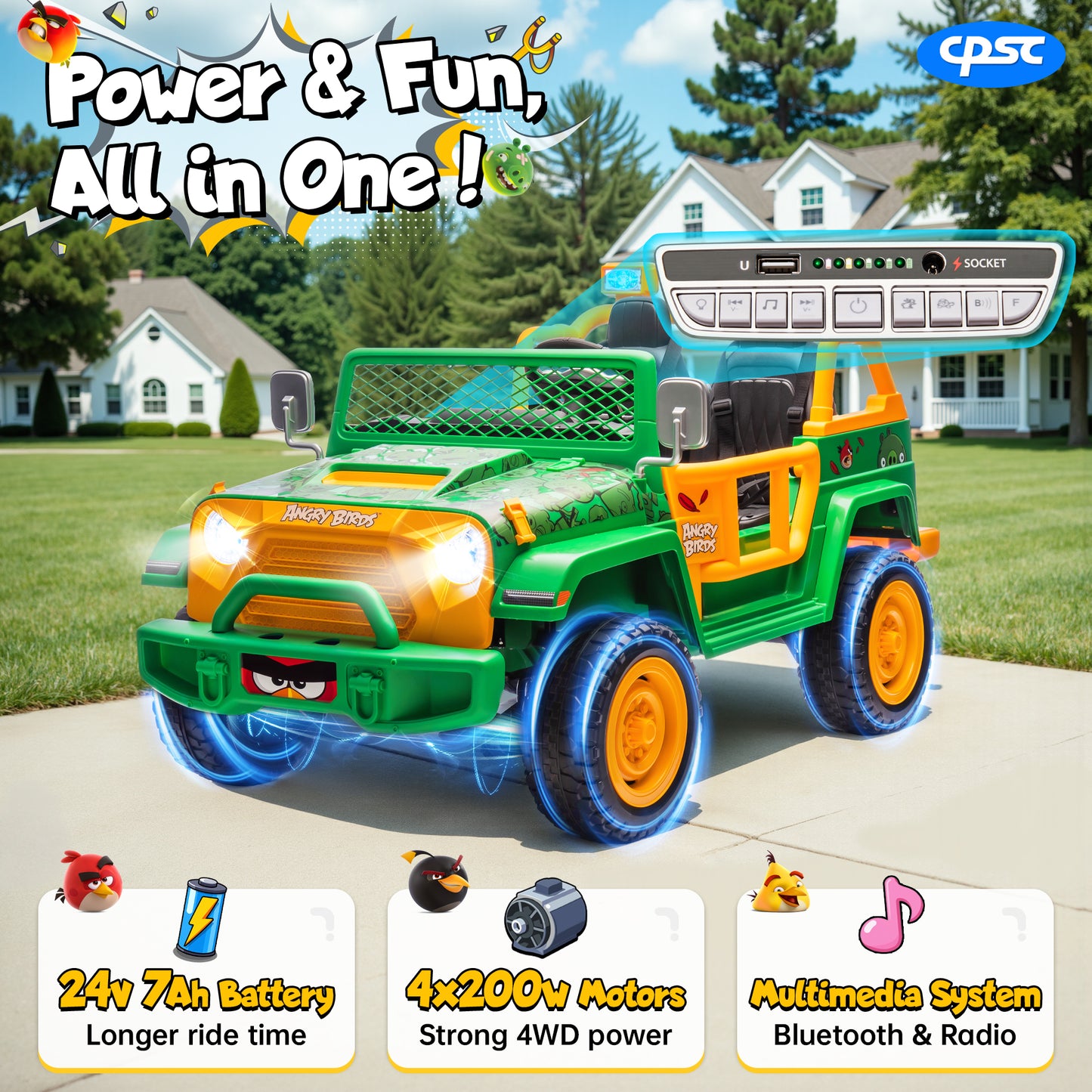 Joyracer 24 Volt Ride on Toys for Big Kids, Licensed Angry Birds Powered Ride on Truck with Remote Control, 2 Seater 4WD Ride ons with Shovel, Bluetooth, Lights, Electric Car for 3-8, 130lbs