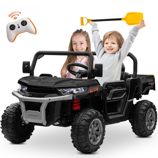 24 Volt Ride on Toys with Remote Control, 2-Seater Battery Powered Tractor Electric Car for Toddler, Motorized Vehicle w/ Tippable Trailer, Music, Black030