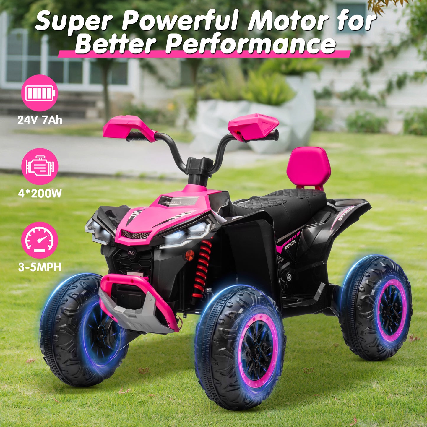Joyracer 24V 4x4 Kids ATV Electric 4-Wheeler with Leather-Seater, 24 Volt Ride on Toys for Big Kids w/ Kneepads, 4x200W Motors, Bluetooth Music,Pink