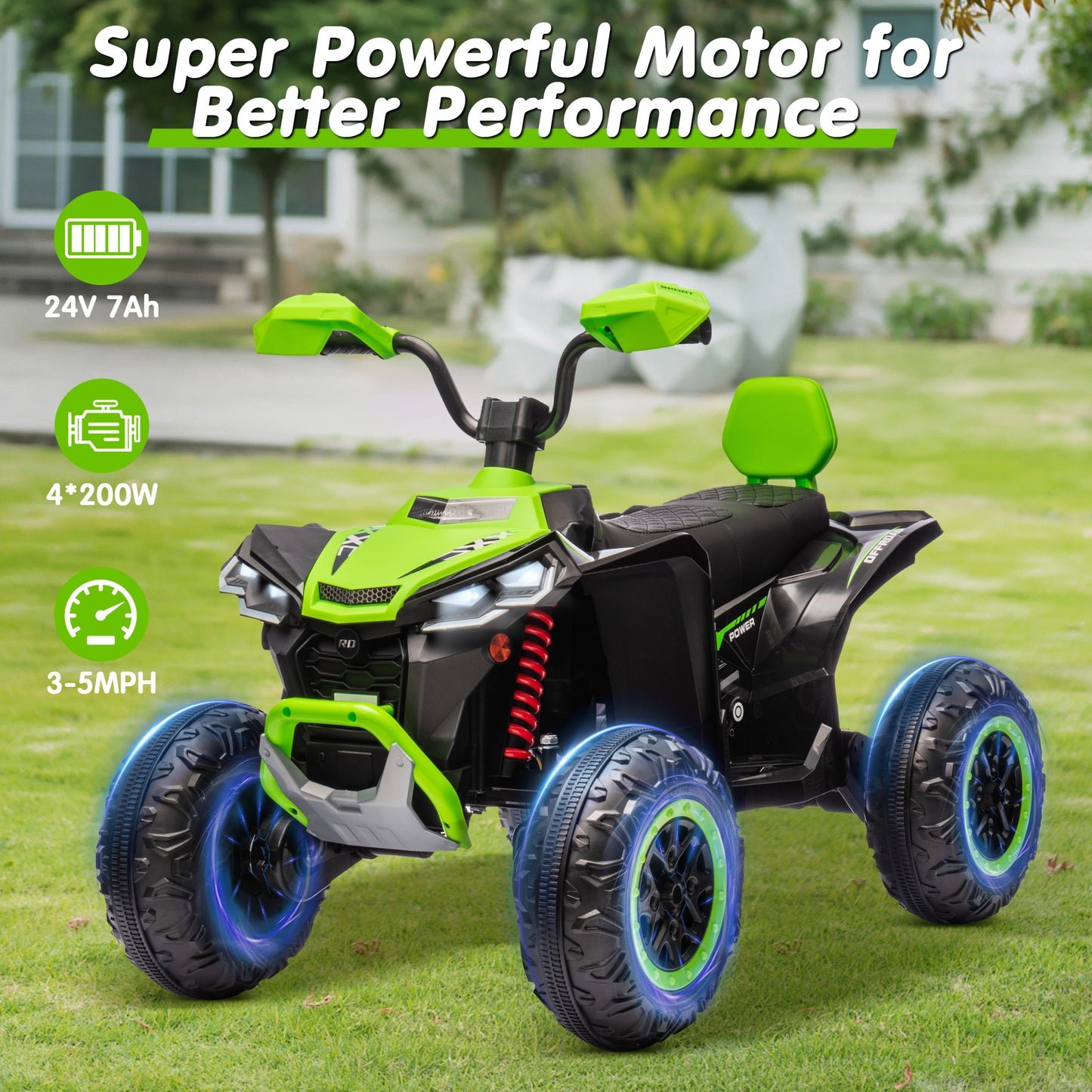 Joyracer 24V 4x4 Kids ATV Electric 4-Wheeler with Leather-Seater, 24 Volt Ride on Toys for Big Kids w/ Kneepads, 4x200W Motors, Bluetooth Music, Green