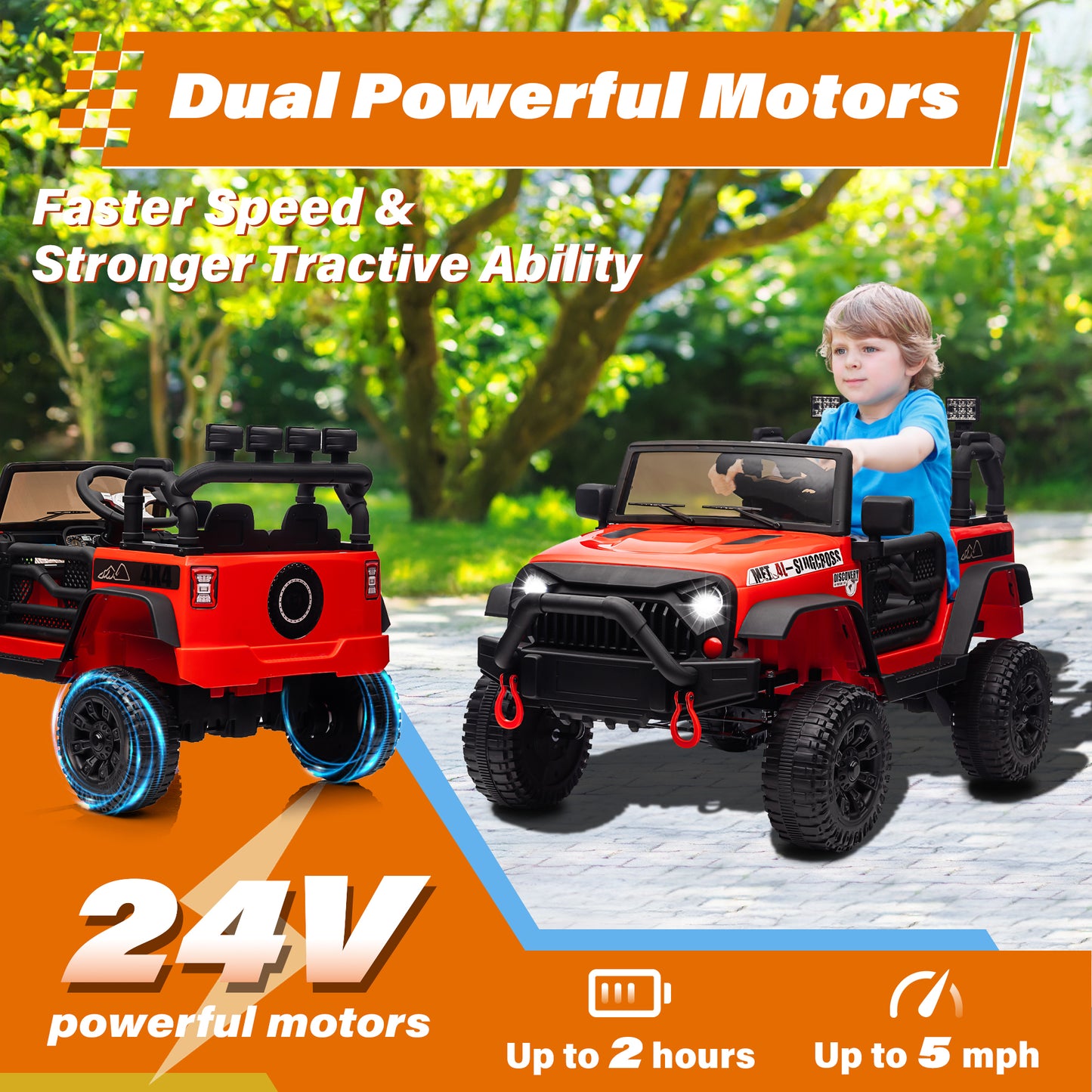 Joyracer 24V Kids Ride on Truck Car with Remote Control, 2* 200W Powered Toy Car up to 5 mph, Powered 4-Wheeler Toy w/ Spring Suspension, 3 Speeds, LED Lights, Bluetooth Music, Red