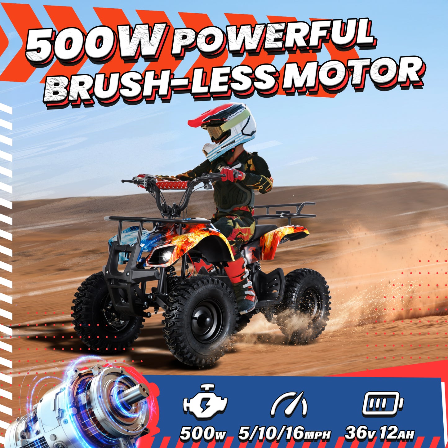 Joyracer 500W Dirt Quad - 36V Powered Ride-on, Electric 4-Wheeler for Kids Teenager, Mini ATV w/ Brush-less Motor, Hydraulic-Spring Absorbers, Disc Brakes, 3 Speeds, up to 16 mph, Blue