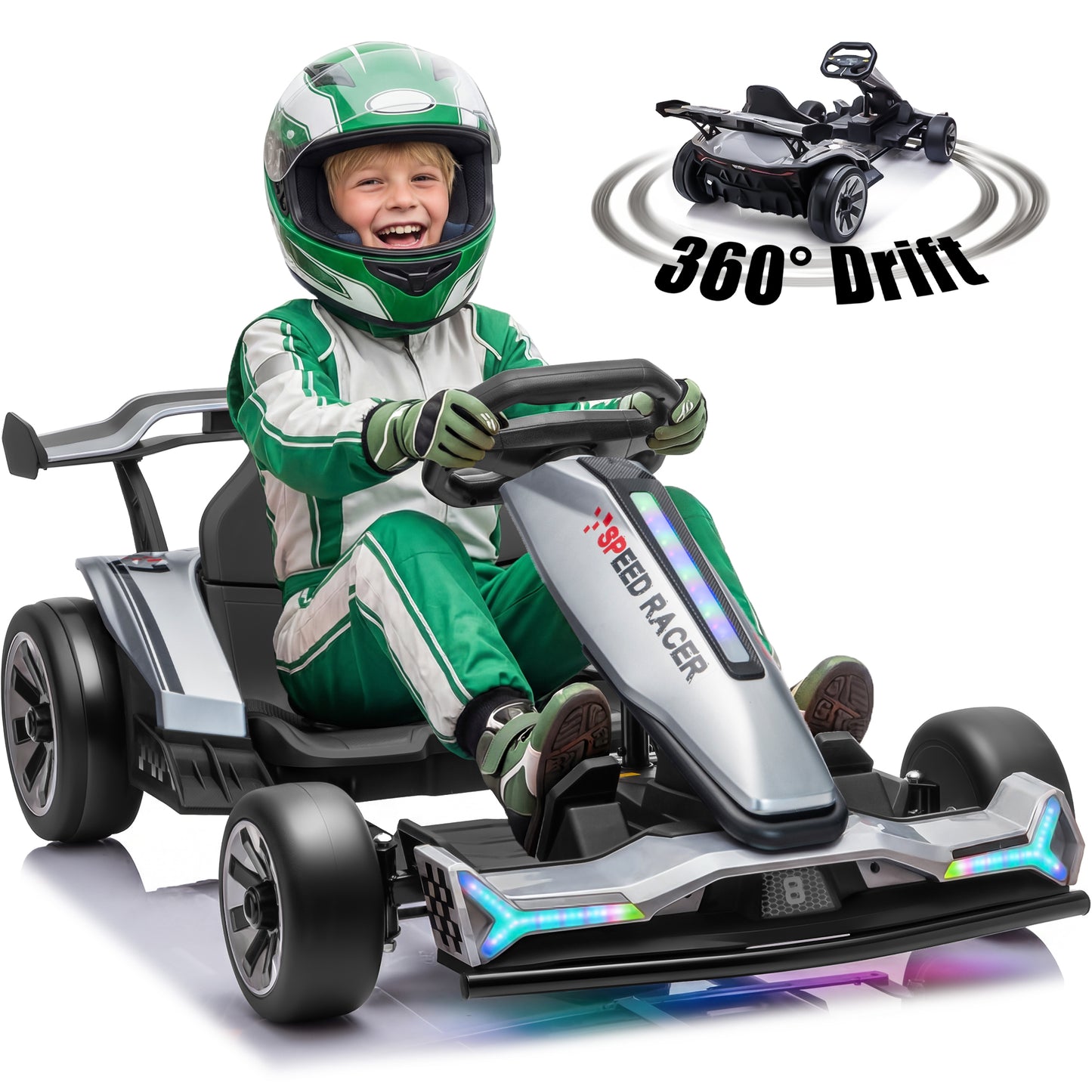 Joyracer 24V 10Ah Electric Go Kart Kids 6-12, Dual 400W Motors 360° Drift Car, Adjustable Length, Bluetooth LED, 2601