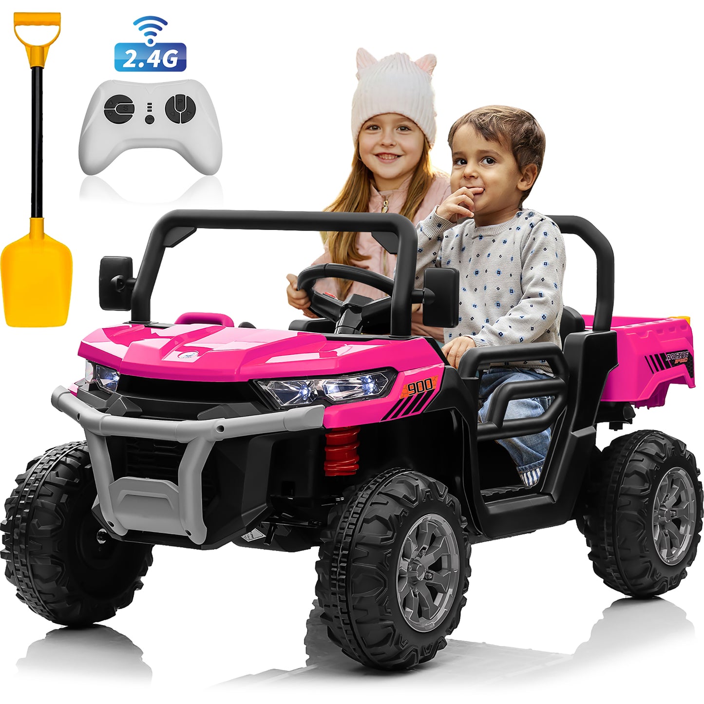 24V Ride on Toys with Remote Control, 2 Seater Powered Ride on Tractor w/ Trailer, Outdoor 4-Wheeler UTV Toys for Kids -Green, Black, Pink, Red-623