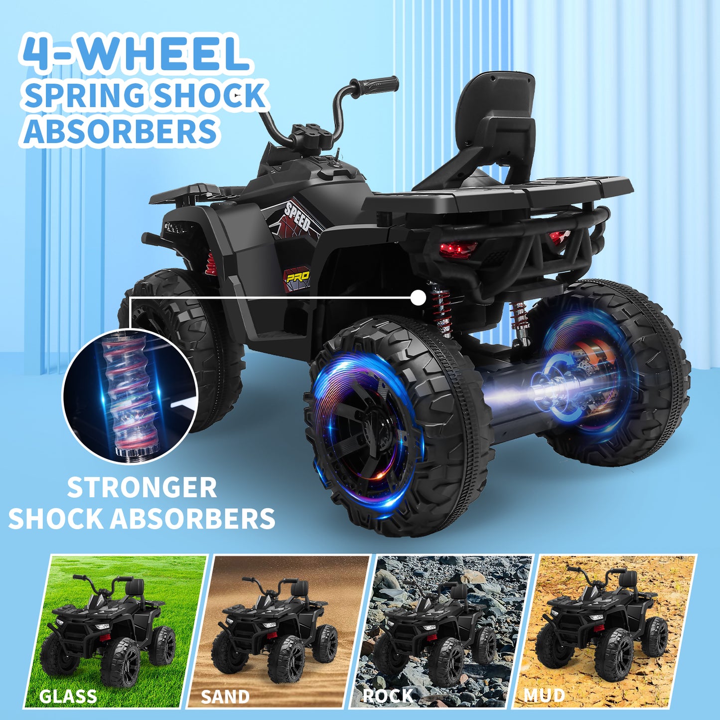 24V Kids Ride On ATV with 2 Seater,2* 200W Motor 9AH Battery Powered Electric Vehicle w/ LED Lights,High & Low Speed,Music,Spring Suspension,Ride on Car 4 Wheeler Quad for Boys & Girls,Black