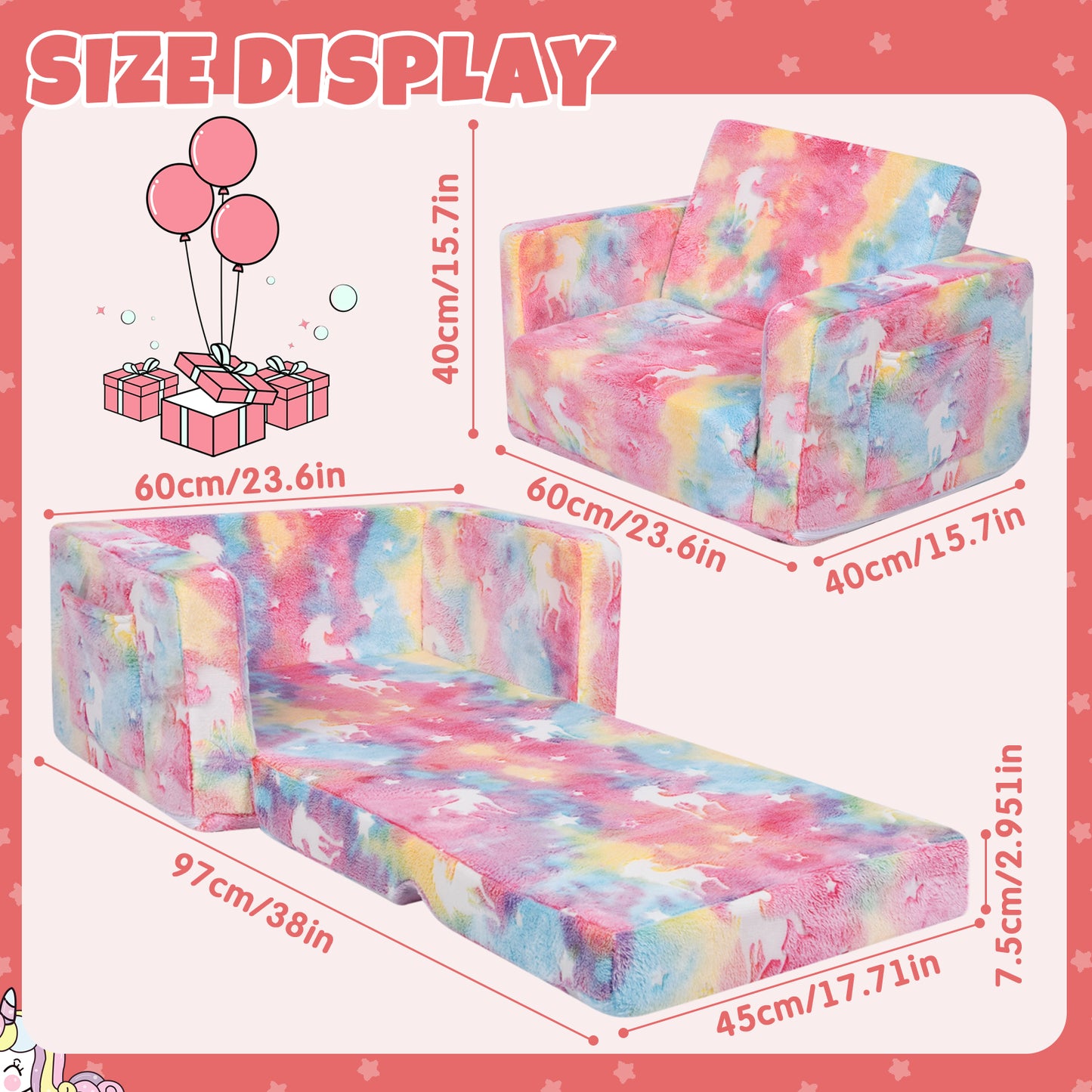 YINIX Flip-Out Chair 2-in-1 Convertible Sofa to Lounger, Kids Couch Bed with Pocket, Glow in The Dark for Toddler Girls Boys